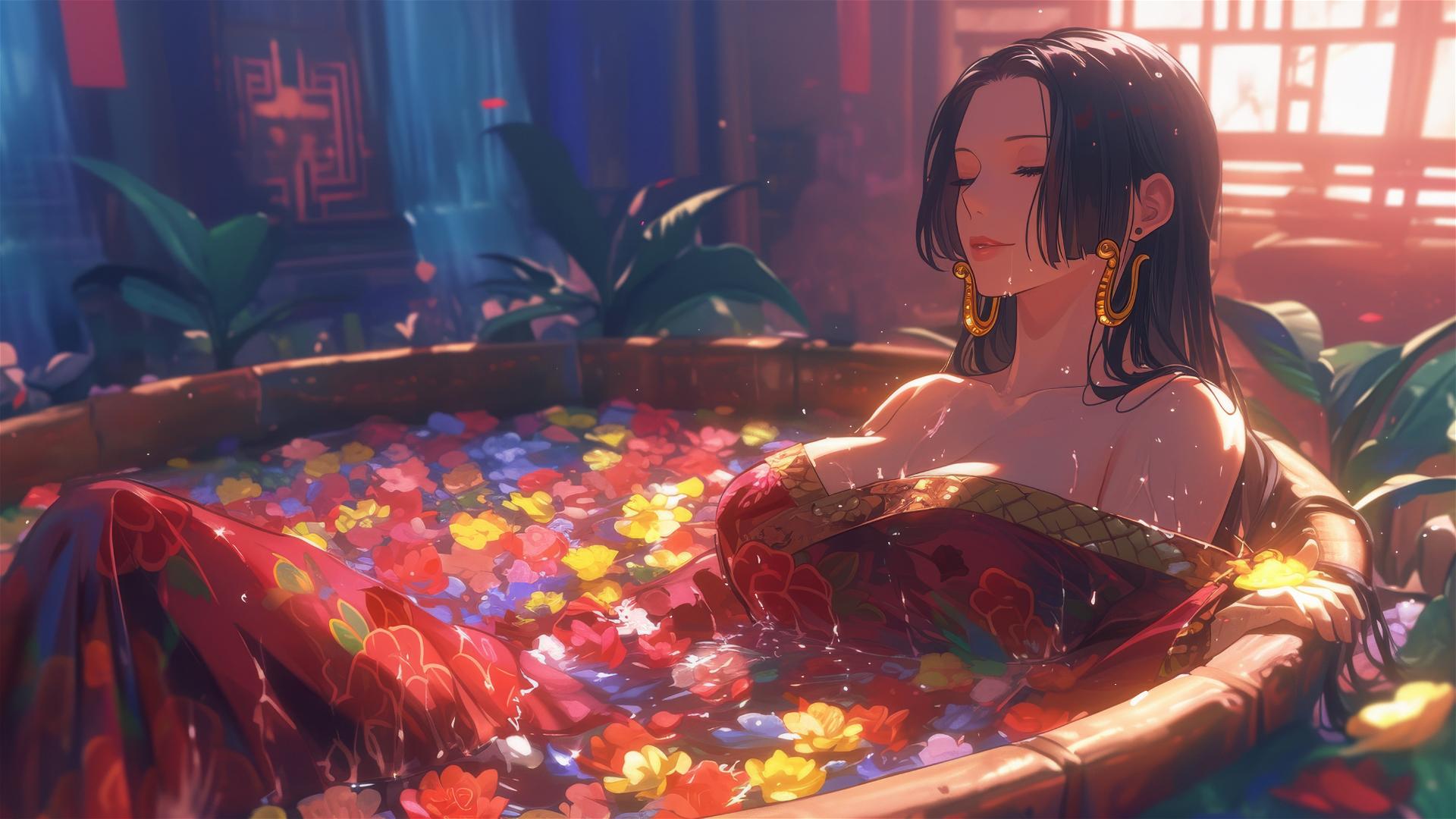 Boa Hancock from One Piece in flower-filled tub at a Chinese spa