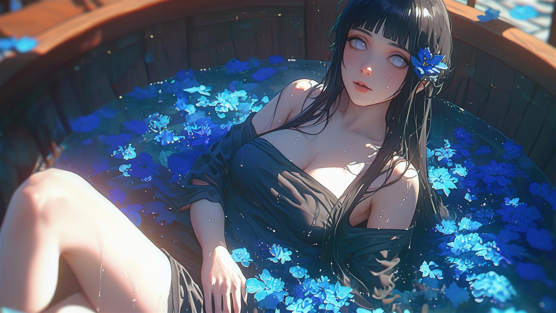 Hinata Hyuga with white eyes in a flower-filled tub inside a Chinese spa