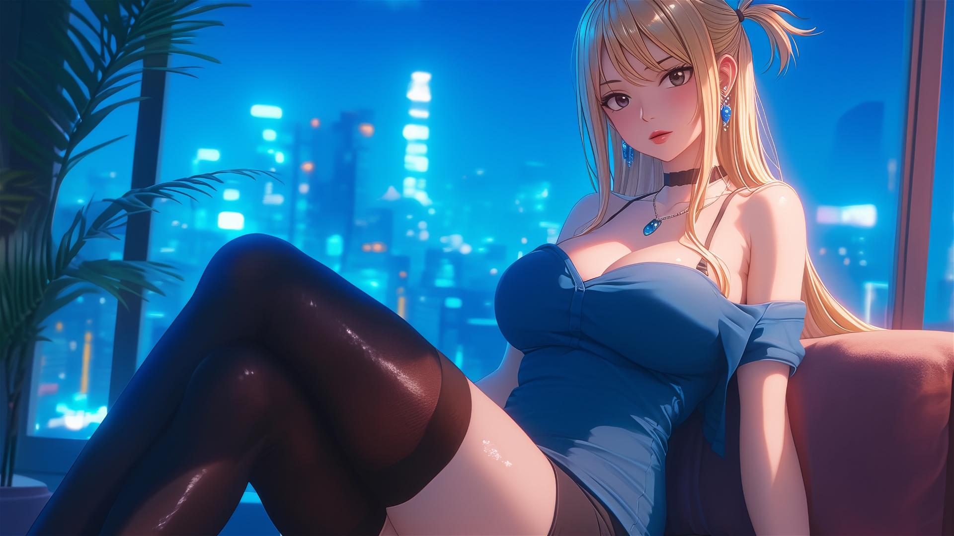 Lucy Heartfilia resting in a modern apartment under moonlight.