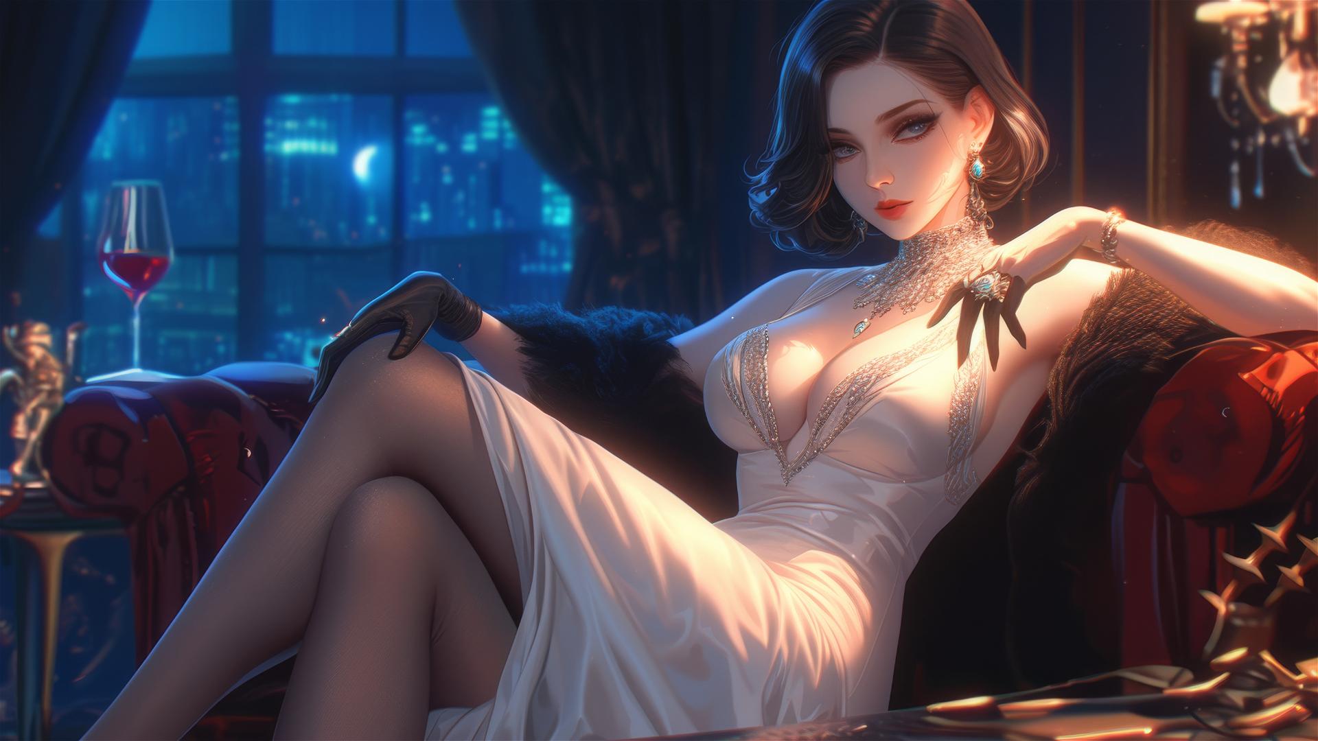 Lady Dimitrescu resting on a modern hotel bed under moonlight