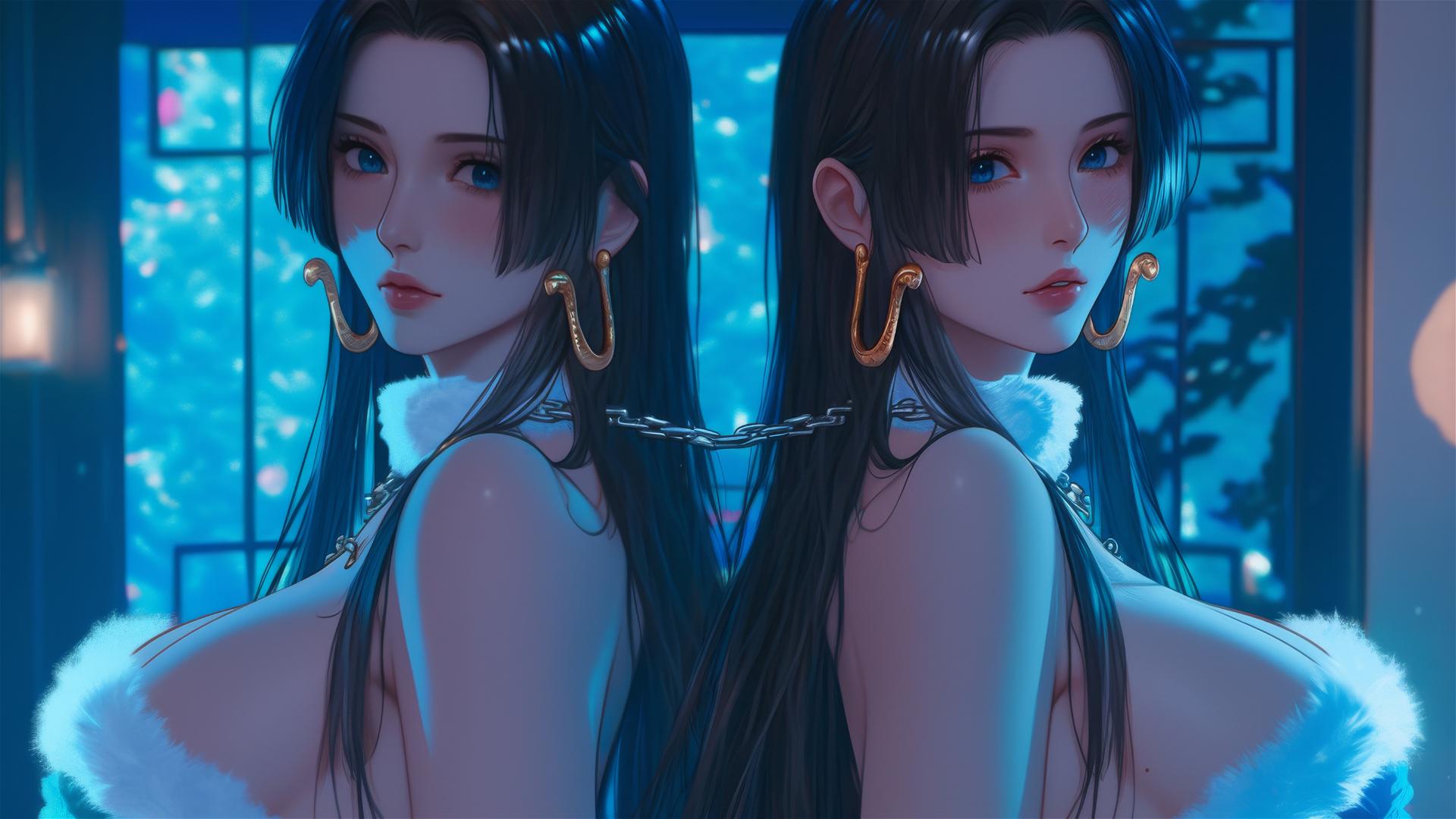 Boa Hancock in Christmas costume chained in a neon-lit modern hotel room