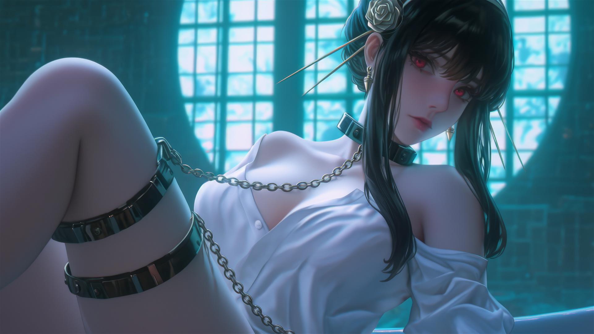 Yor Forger from Spy x Family chained in a tub, neon-lit, wearing a white shirt.