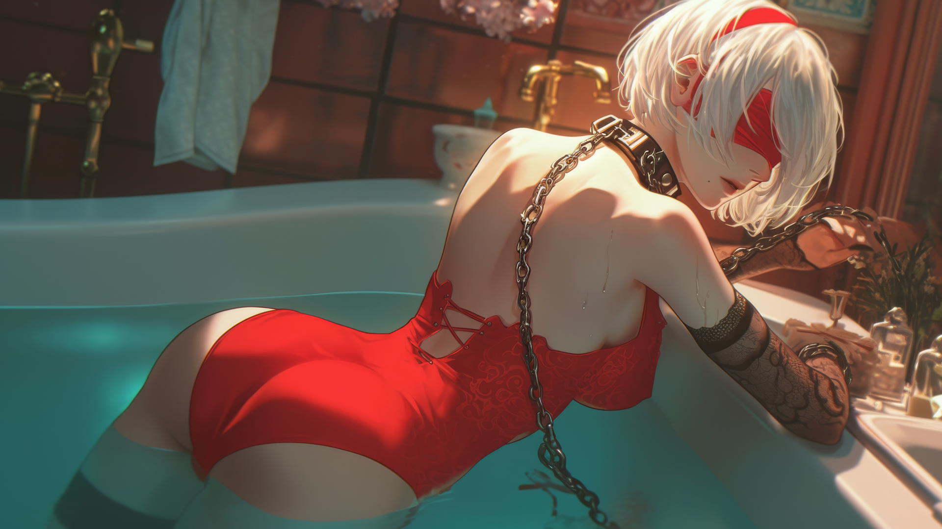 2B from Nier with iron chains around neck, wearing red blindfold, in a modern apartment.