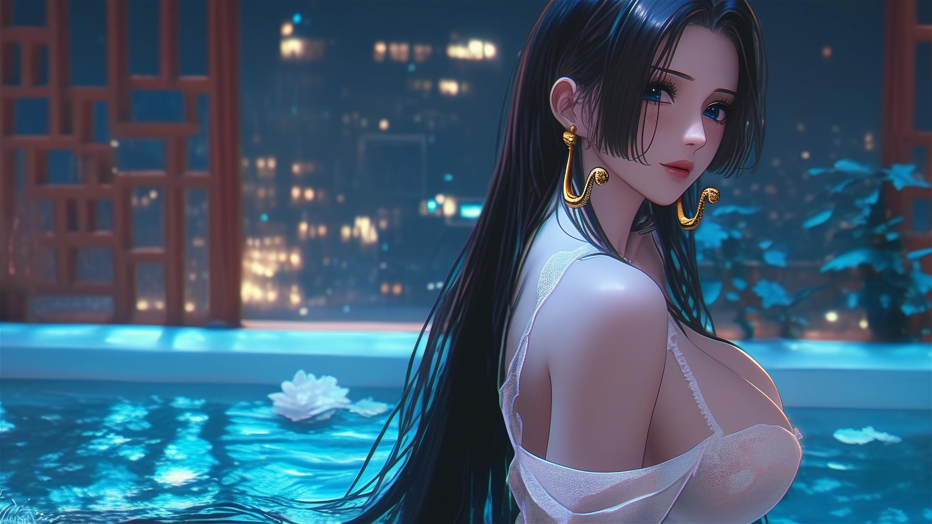 Boa Hancock from One Piece in a modern apartment at sunrise, neon light glow.