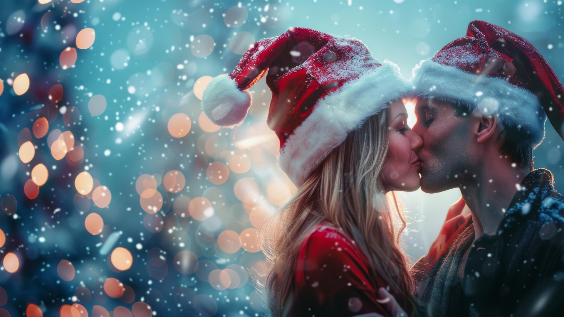 Two lovers kissing in Christmas outfits