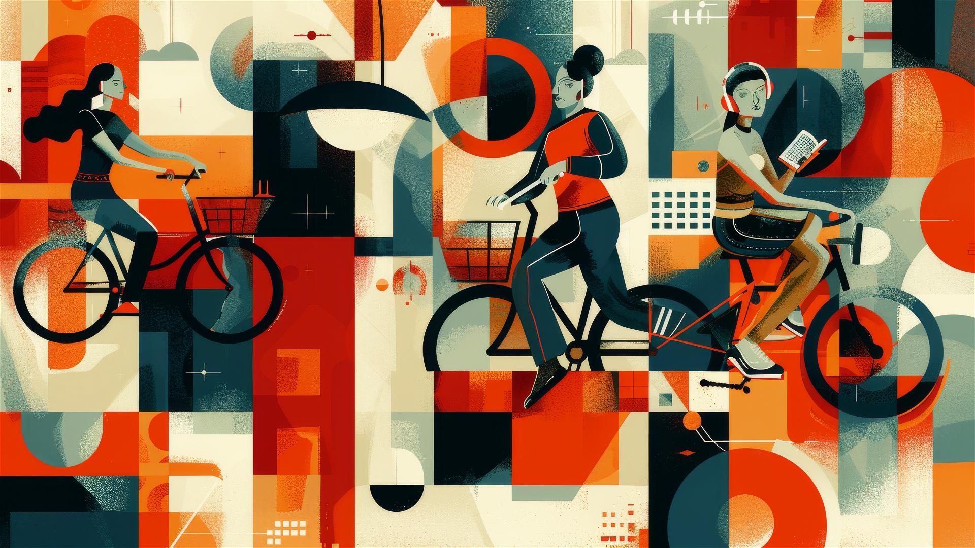 Monochrome abstract art with silhouetted figures and geometric background
