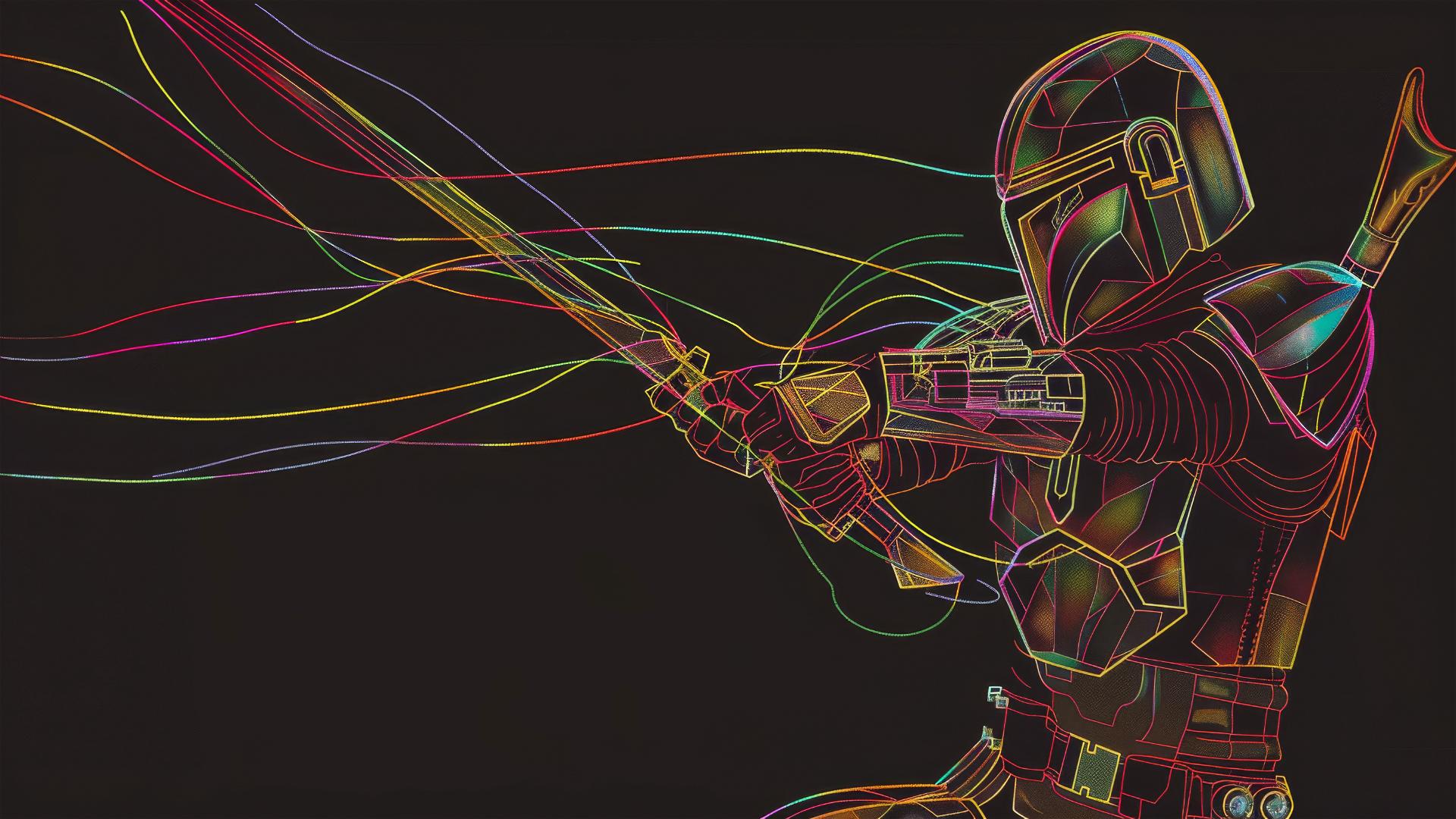 Abstract joyful drawing of Mandalorian with a transparent sword, white line on black background.
