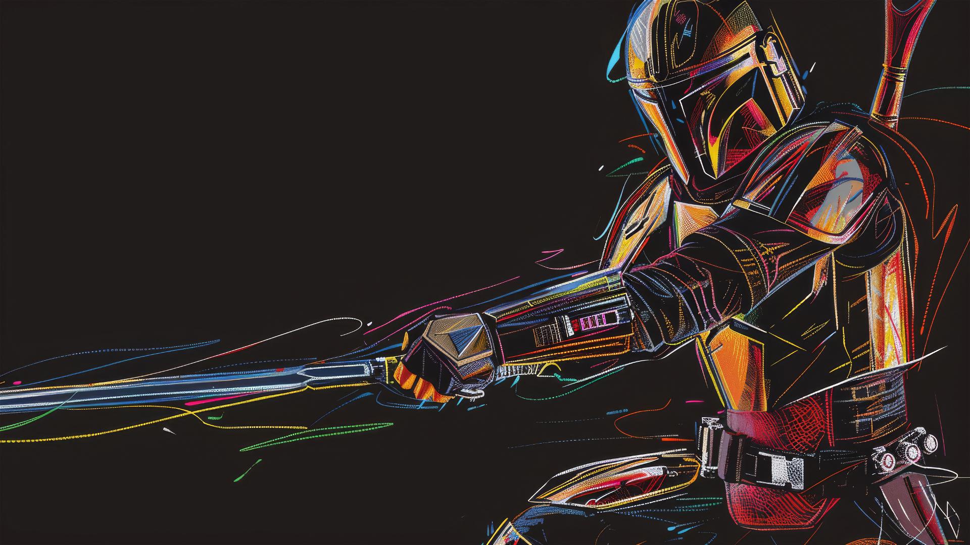Abstract joyful drawing of Mandalorian with transparent sword