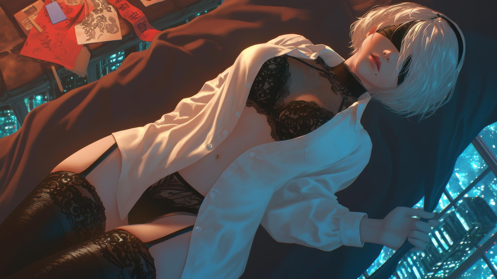 2B from Nier in a white office shirt, looking up with a black blindfold, in a neon-lit hotel room.