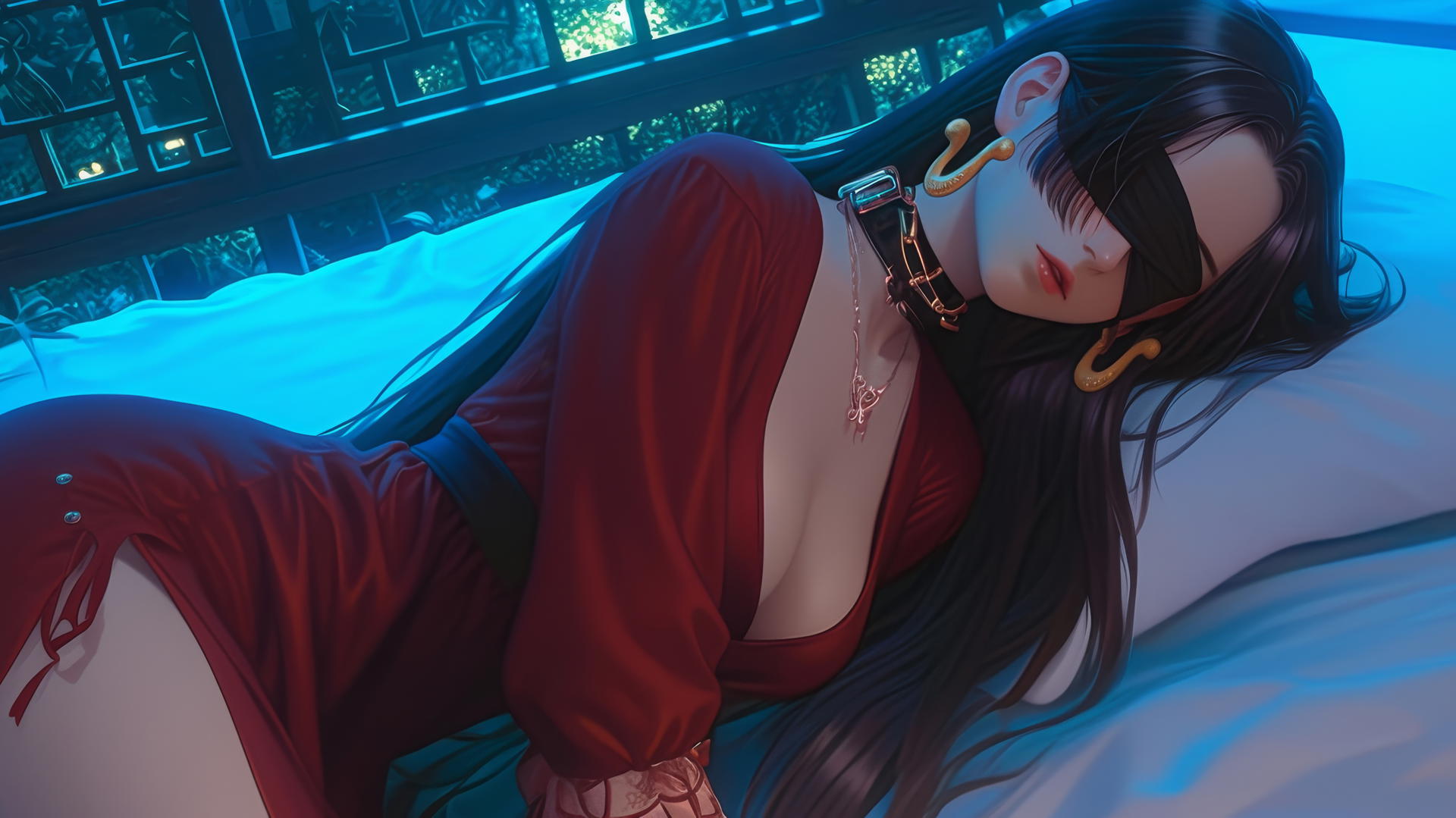 Boa Hancock from One Piece, blindfolded with chains, kneeling in a modern hotel room with neon lights.