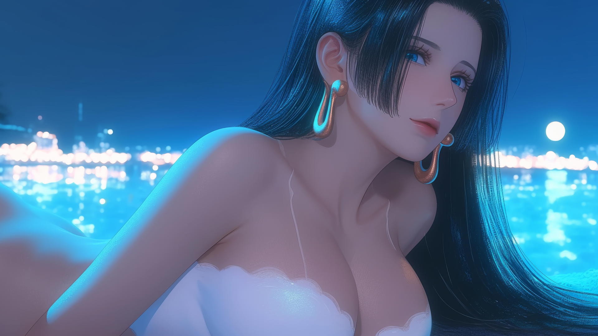 Boa Hancock from One Piece resting in modern hotel room with moonlight glow