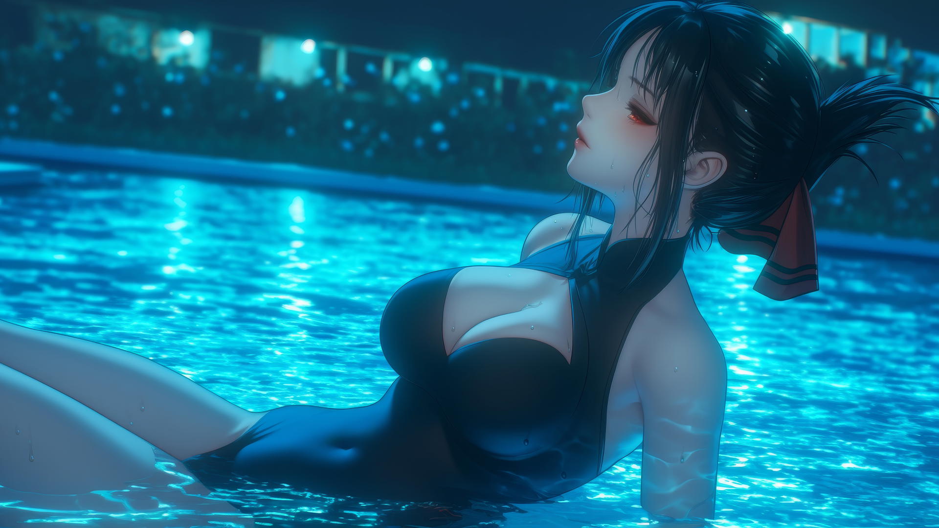 Kaguya Shinomiya with red eyes resting at a swimming pool under moonlight.