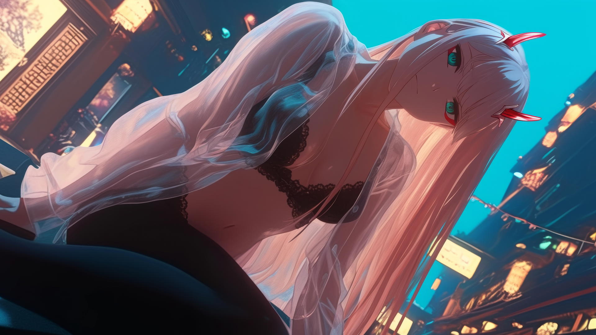 Zero Two from DARLING in the FRANXX leaning forward with pink hair, warm neon ceiling lights