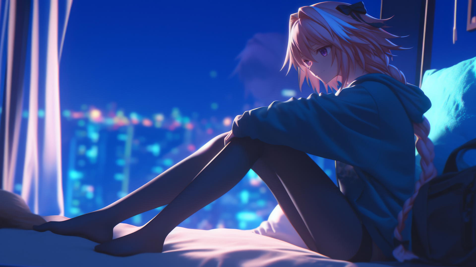 Astolfo from Type Moon, sitting leisurely in a hotel room under moonlight