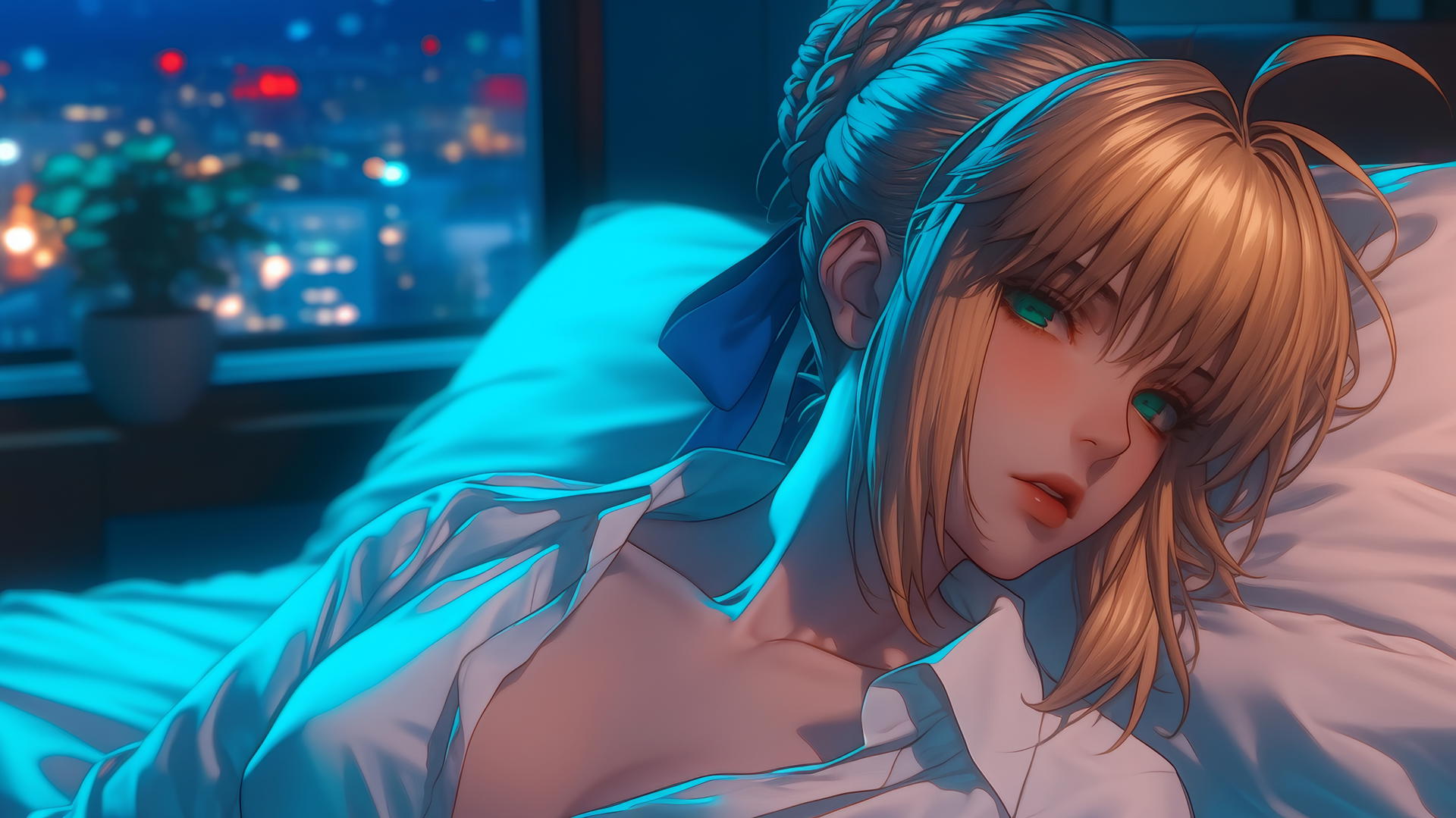 Saber from Fate Zero relaxing in a modern hotel room with moonlight glow
