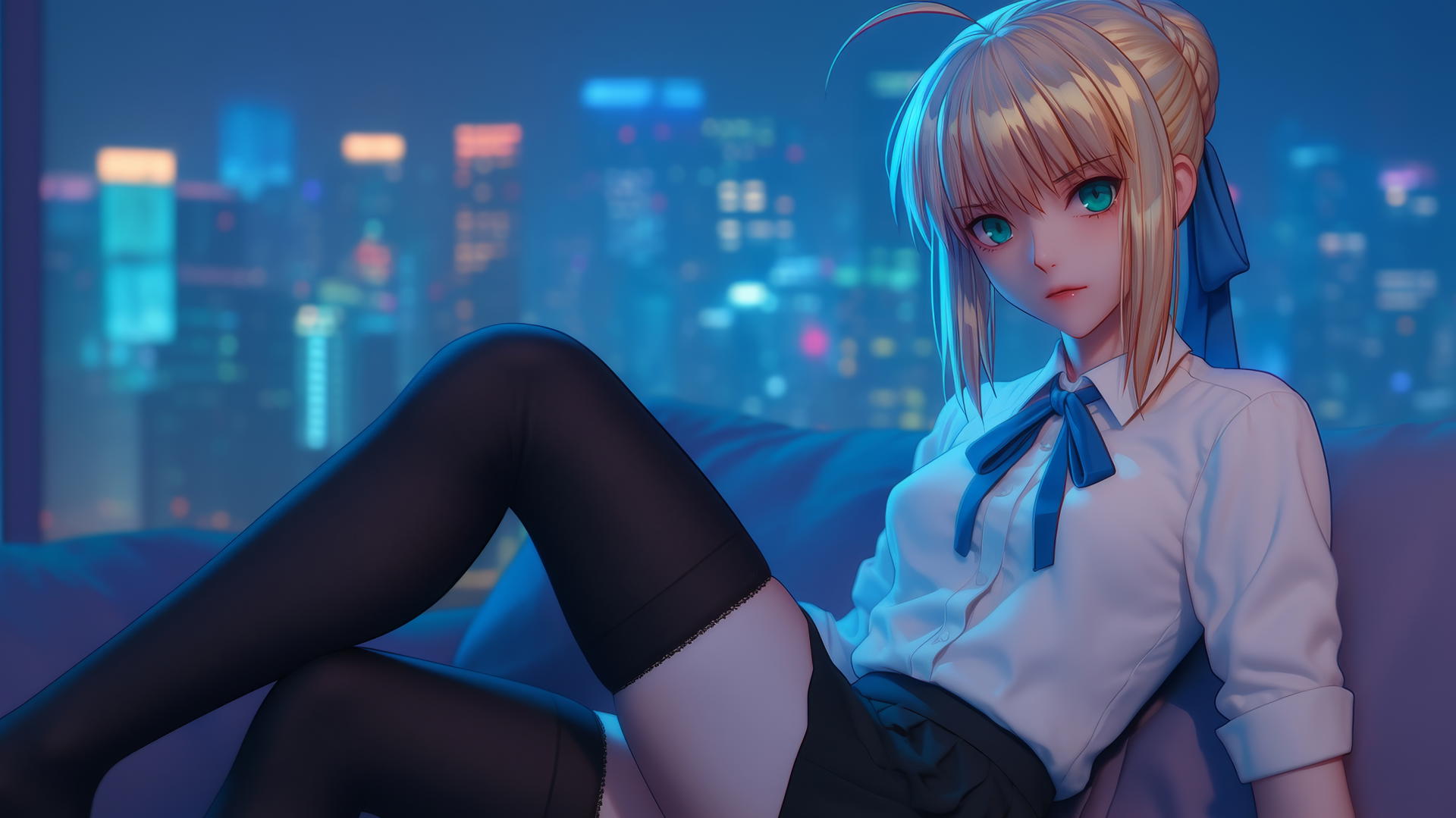 Saber from Fate Zero resting in a modern hotel room, moonlight glow