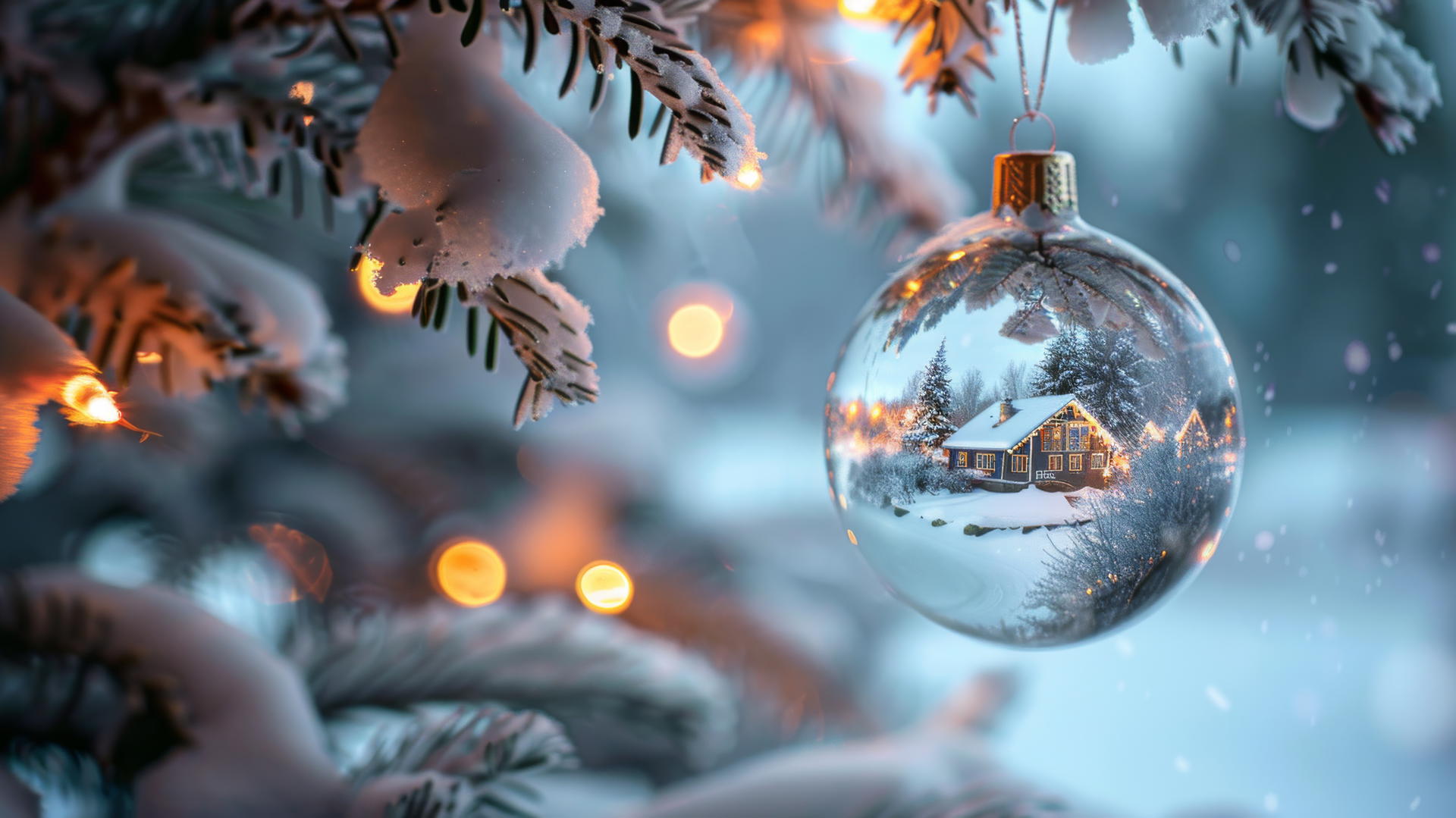 Glass Christmas balls with snow-covered villages hanging on a tree