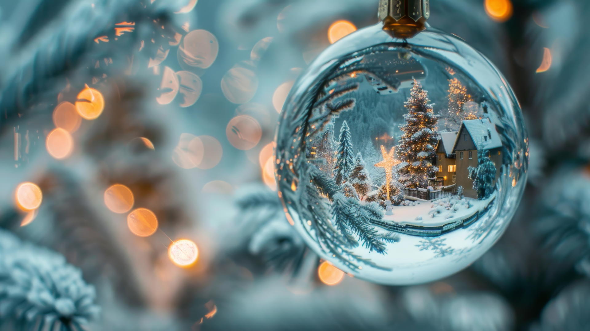 Glass Christmas balls on tree with snow-covered villages and warm glowing houses.