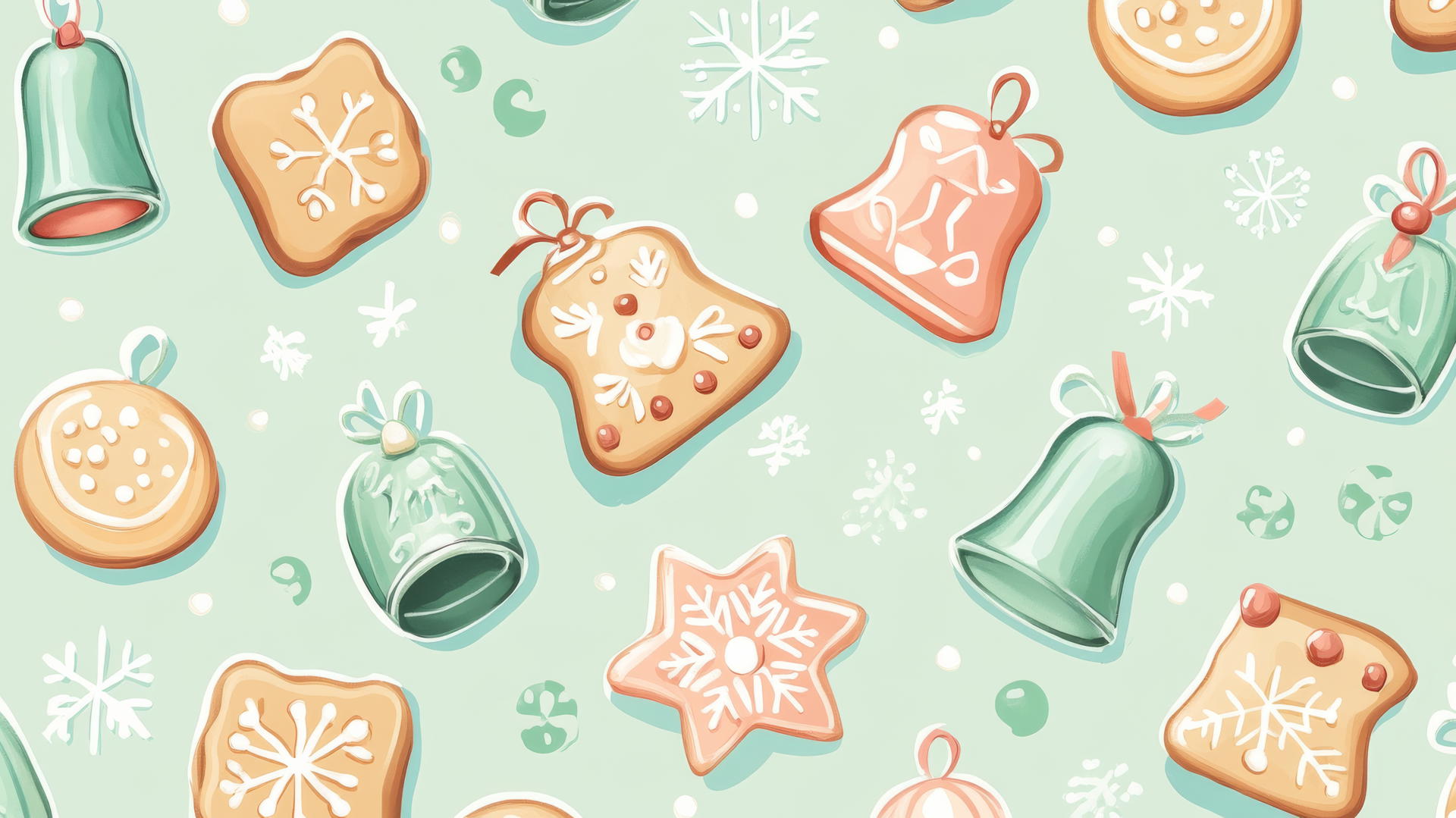 preppy Christmas wallpaper with cookies and bells in pastel colors on light green background