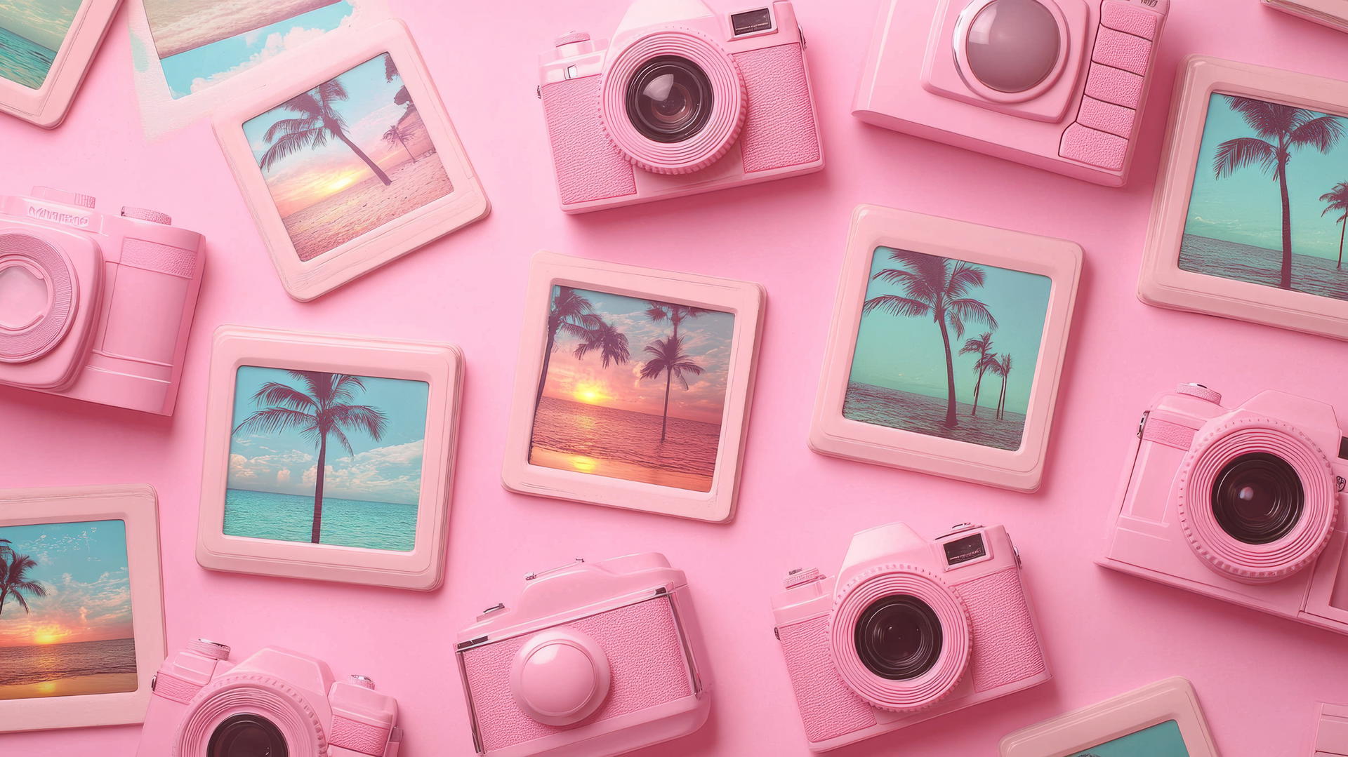 preppy wallpaper pink with polaroid cameras, tropical sunsets, and palm trees