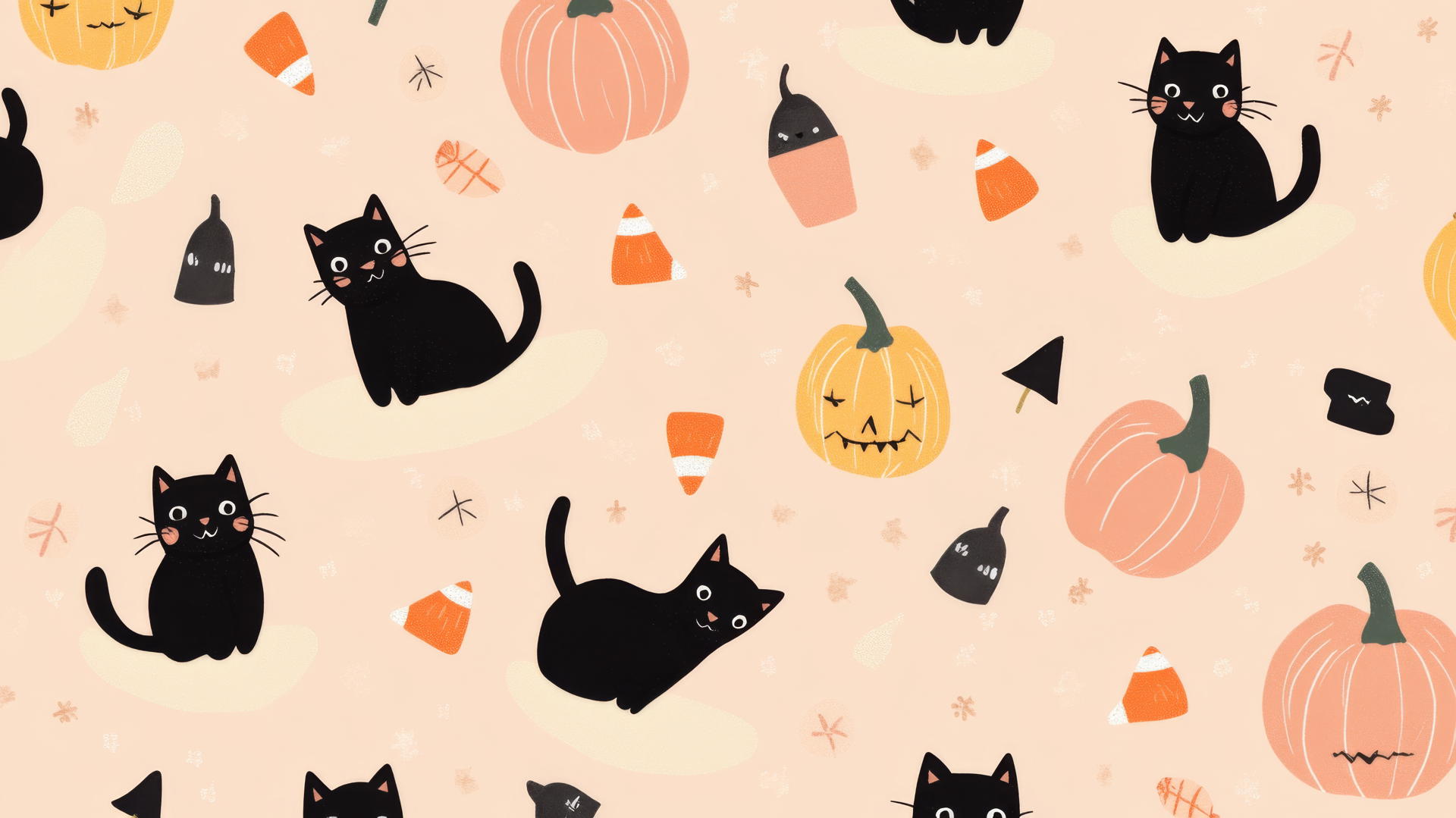 Preppy Halloween wallpaper with black cats, pumpkins, candy corn on pastel peach