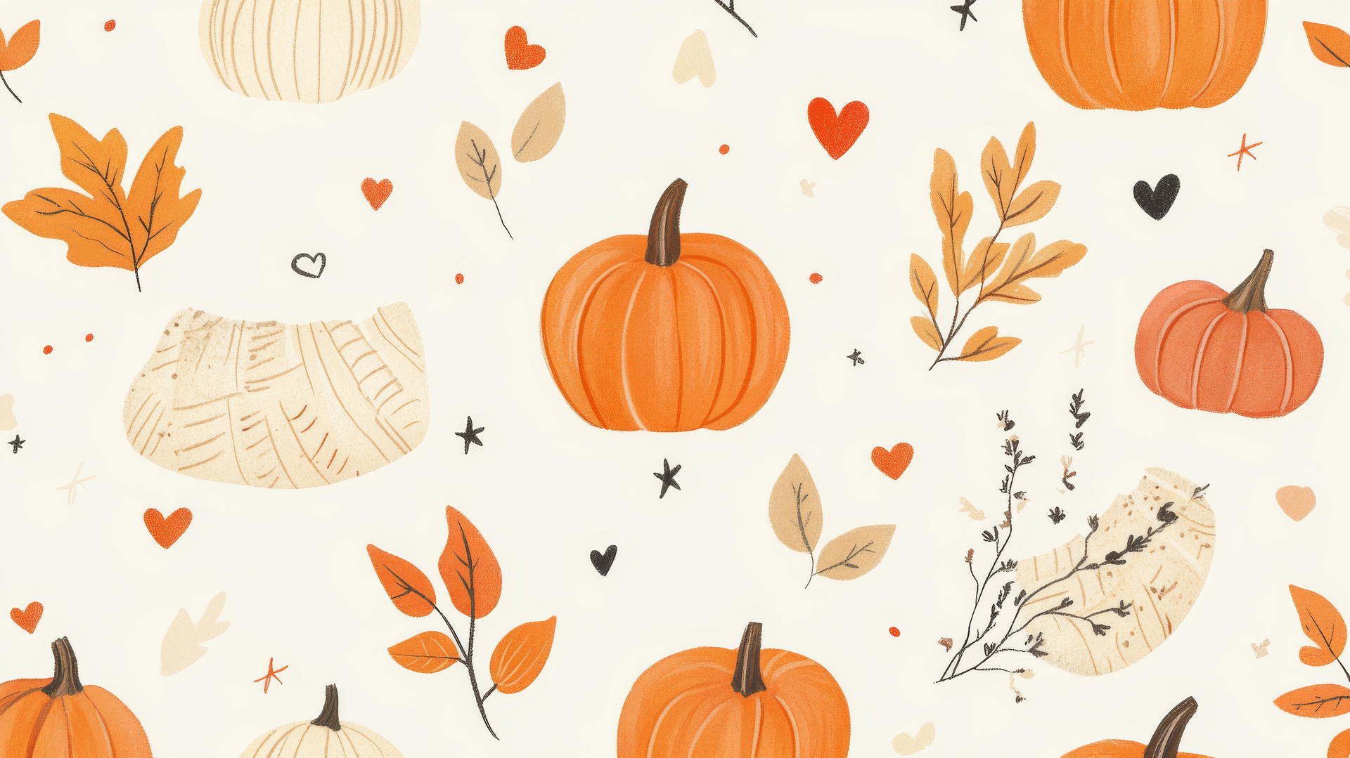 preppy autumn wallpaper with hand-drawn foliage, pumpkins, and cozy blankets on cream background
