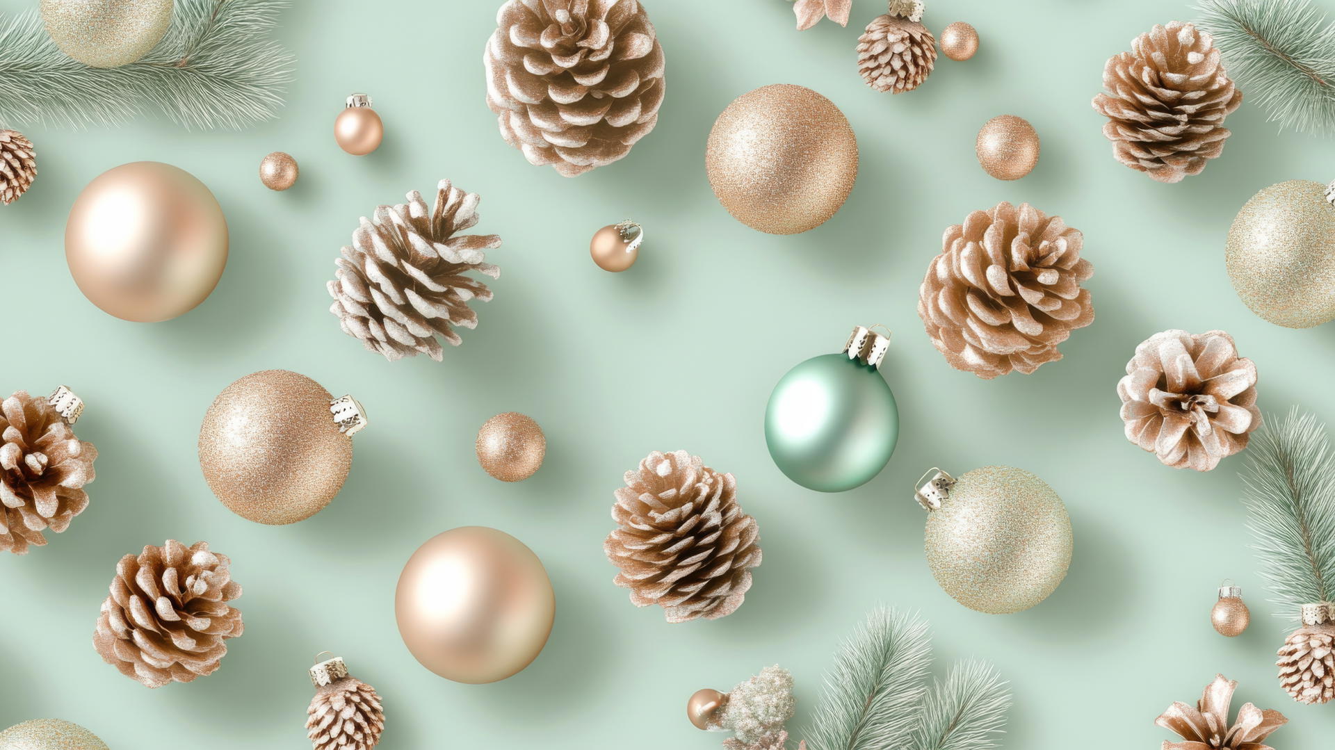 preppy winter wallpaper with shiny holiday ornaments and pinecones on pastel green background
