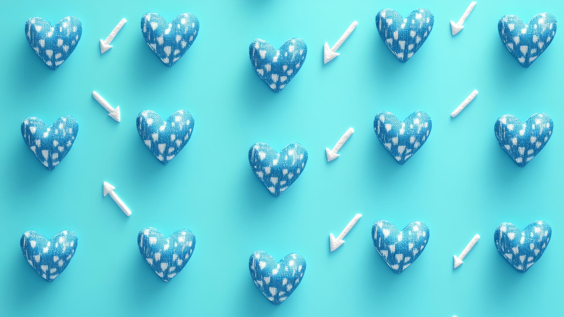 preppy blue wallpaper with pixelated blue hearts and white arrows on bright teal