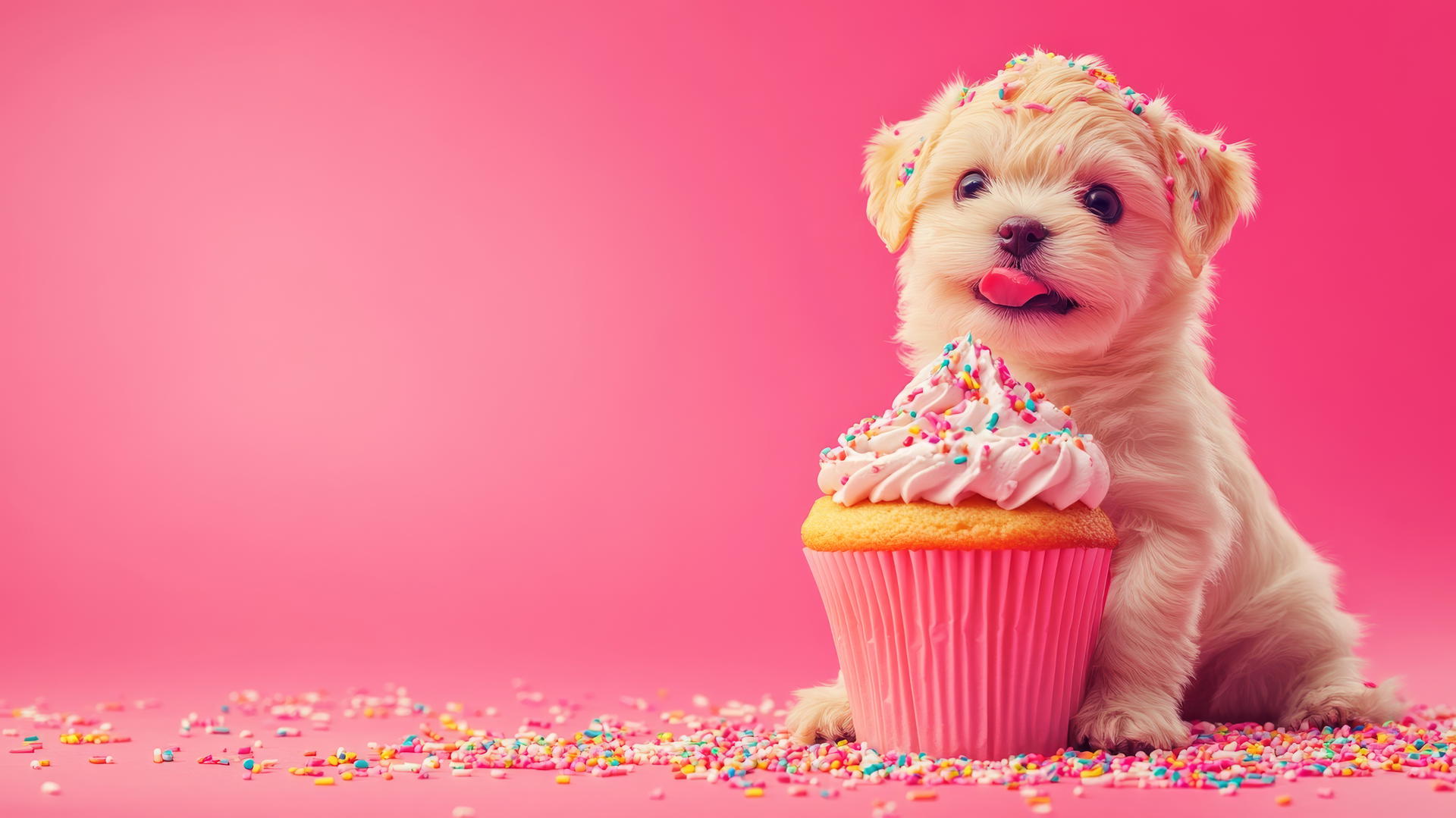 Pink cute puppy wallpaper with puppy next to a giant cupcake and sprinkles.