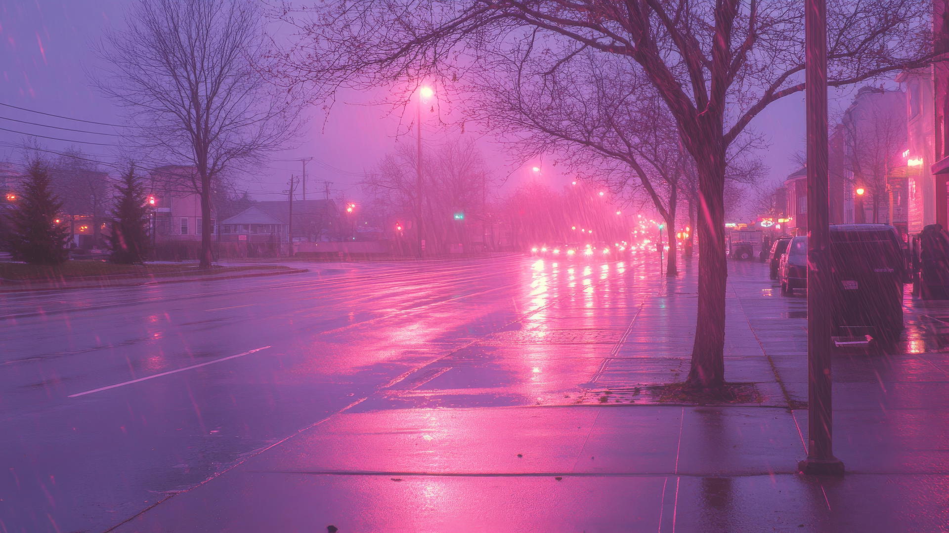 Aesthetic pink wallpaper of a pastel pink urban street at dawn with soft light.