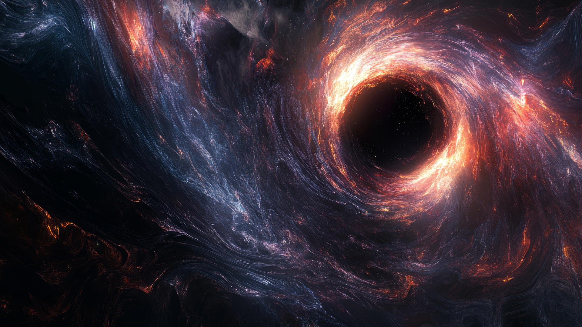 Black hole wallpaper showing close-up of event horizon with intricate light and matter patterns