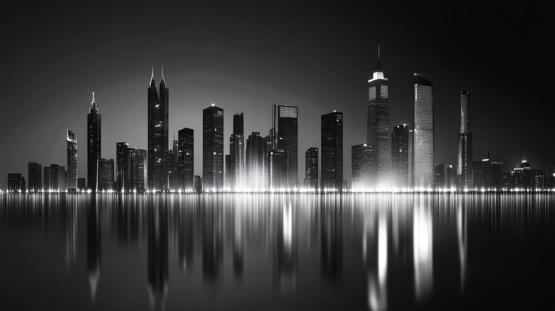 black and white aesthetic wallpaper of a sleek, modern city skyline with high-rise buildings