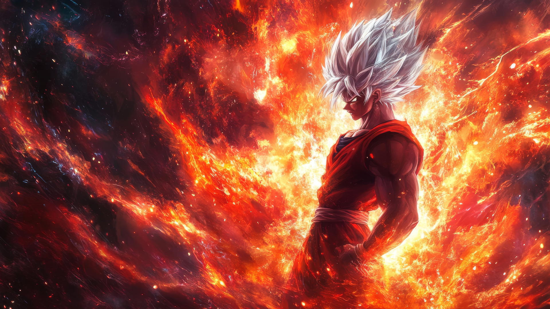 Goku Ultra Instinct with fiery background, silver hair, intense reds and oranges, energy waves, wallpaper 4k