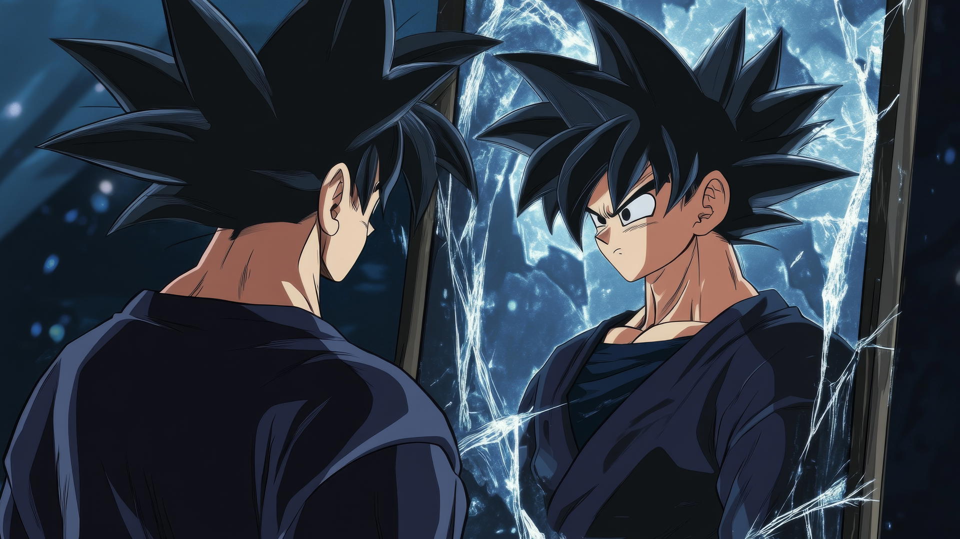 Black Goku facing a mirror with cracked reflection showing a different form, black goku wallpaper 4k