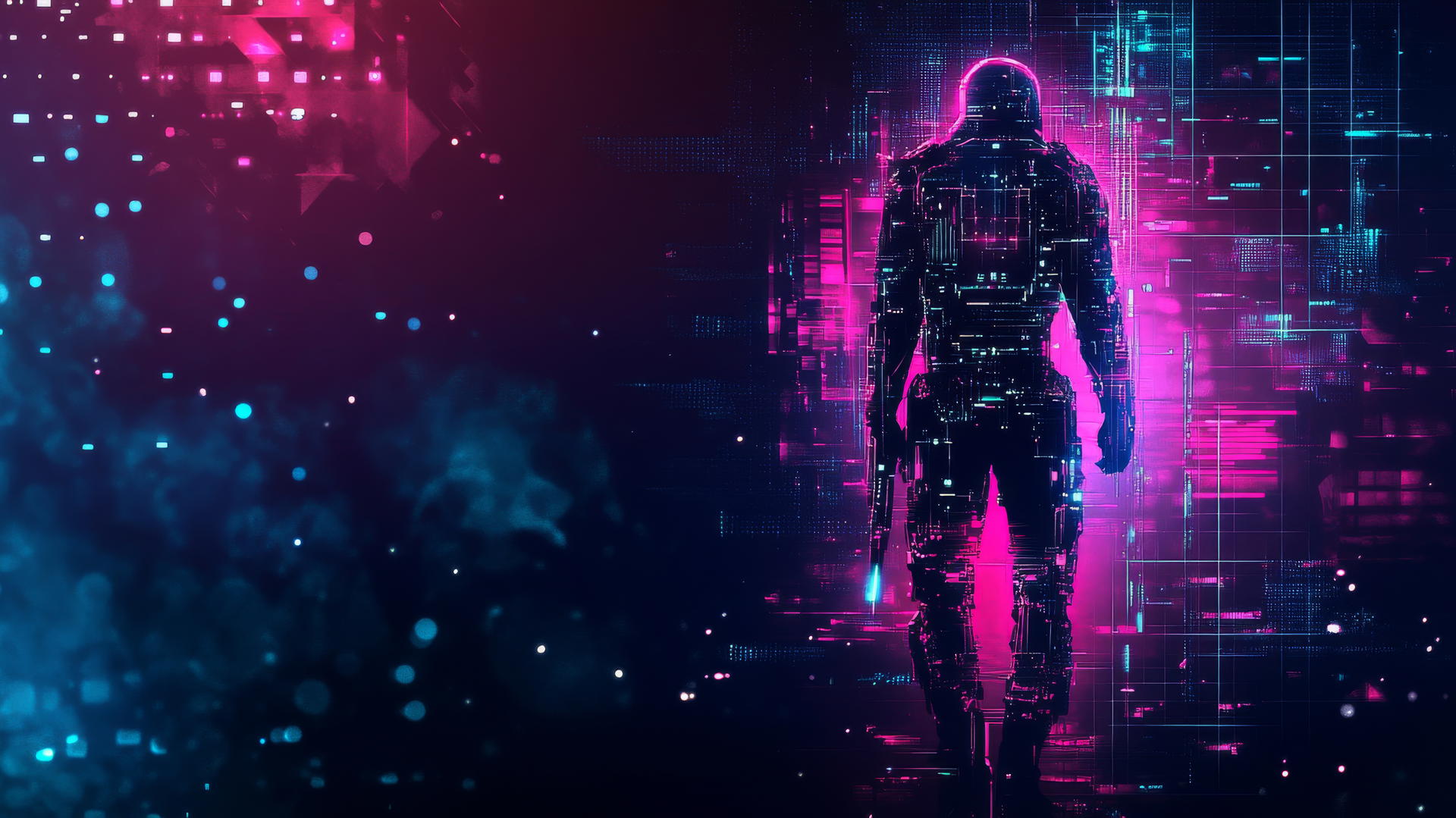 Cyber Y2K wallpaper black, featuring a digital warrior with neon armor, circuits, and weapons
