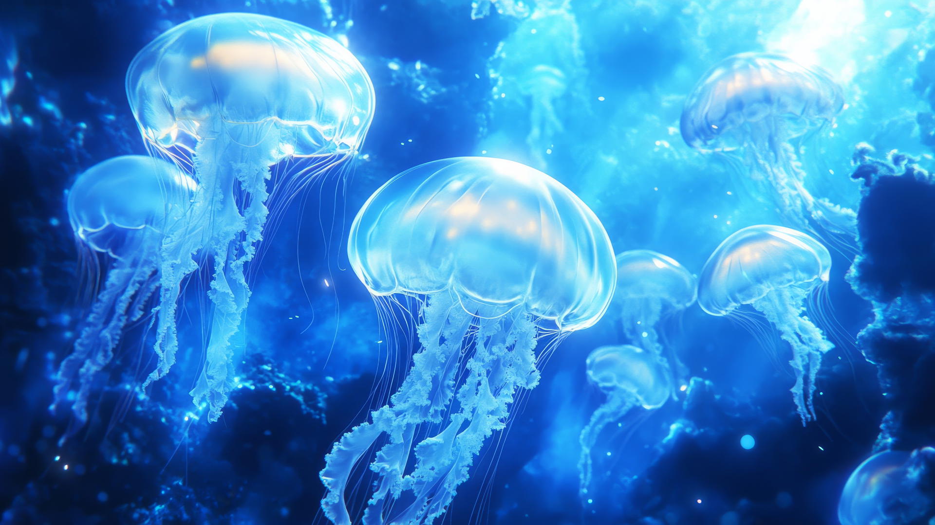 blue wallpaper aesthetic with glowing jellyfish in soft blues underwater