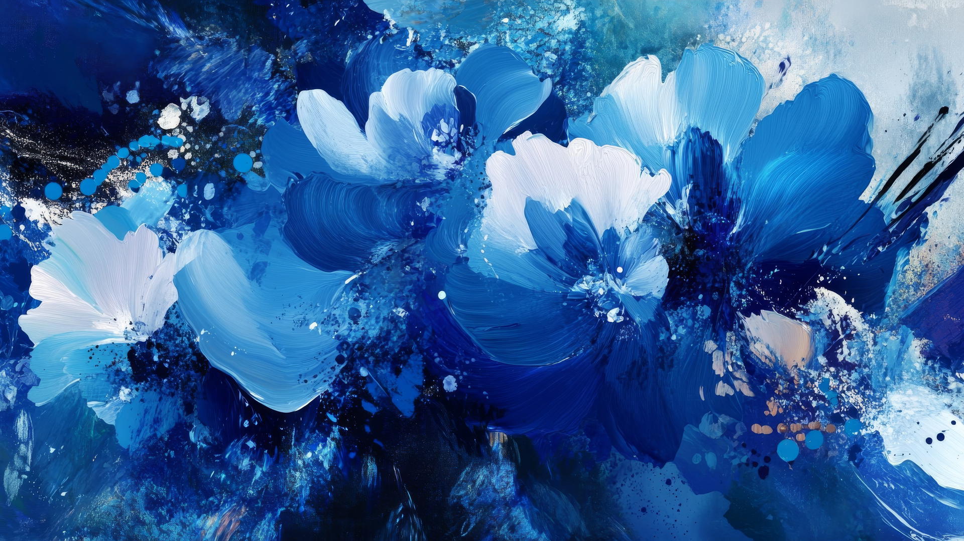 Digital blue floral wallpaper with abstract art and bold brushstrokes.