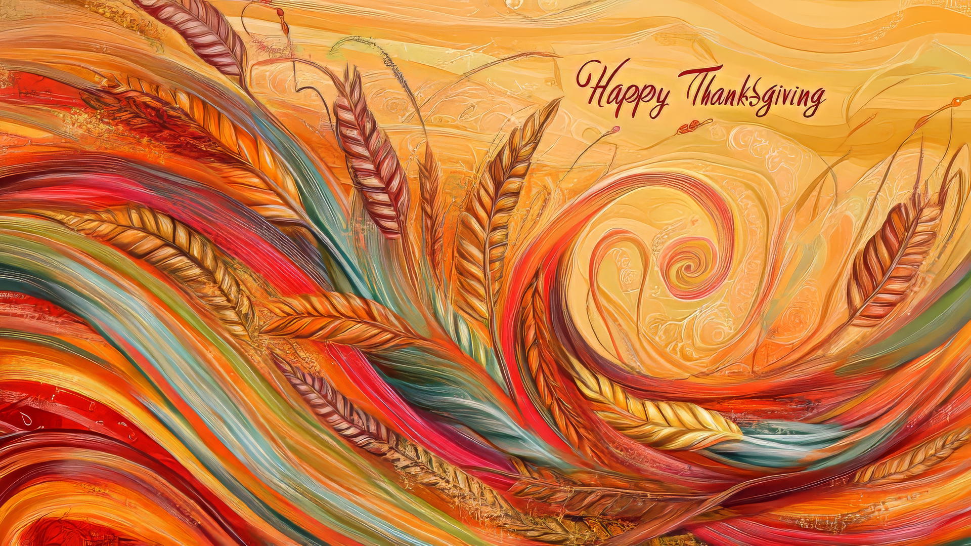 Abstract design with swirling wheat, colorful corn, amber waves, 'Happy Thanksgiving' message.