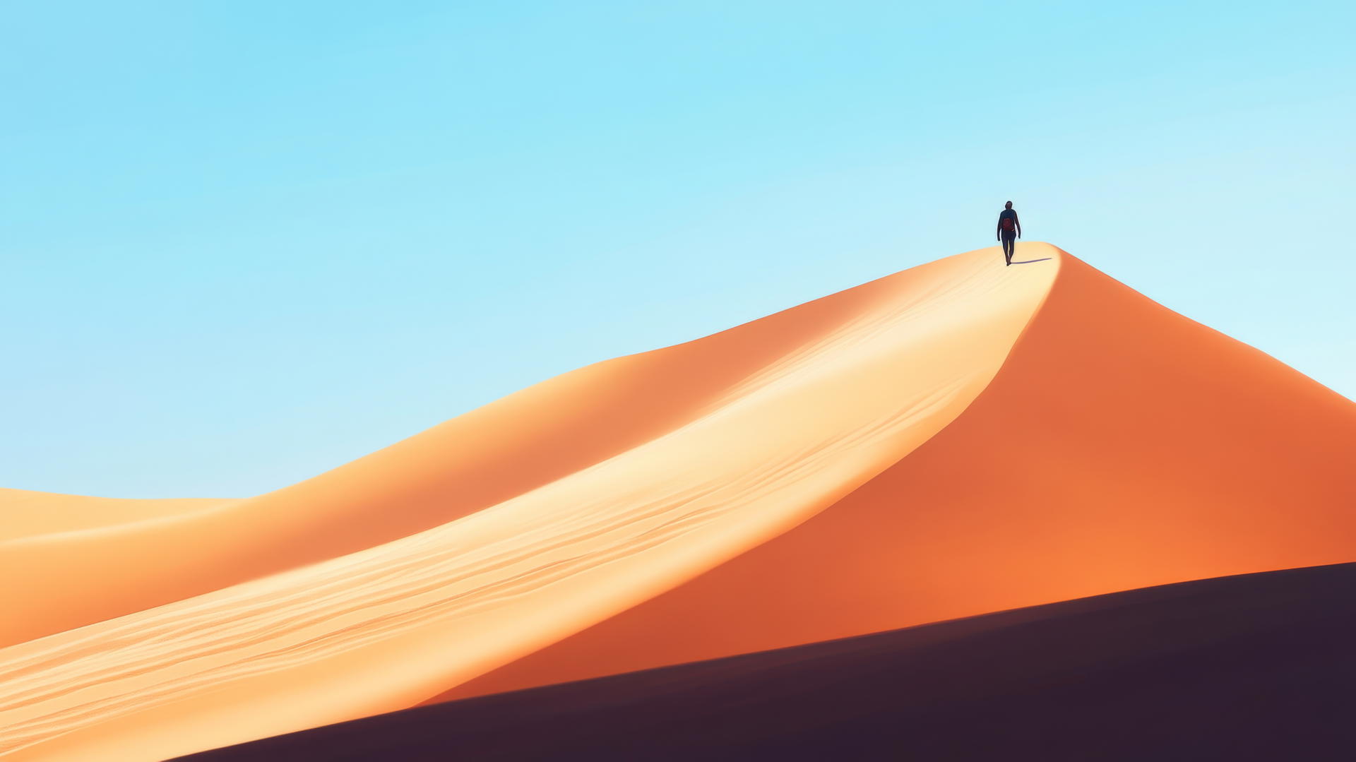 summer wallpaper with desert dunes, clear blue sky, and lone traveler