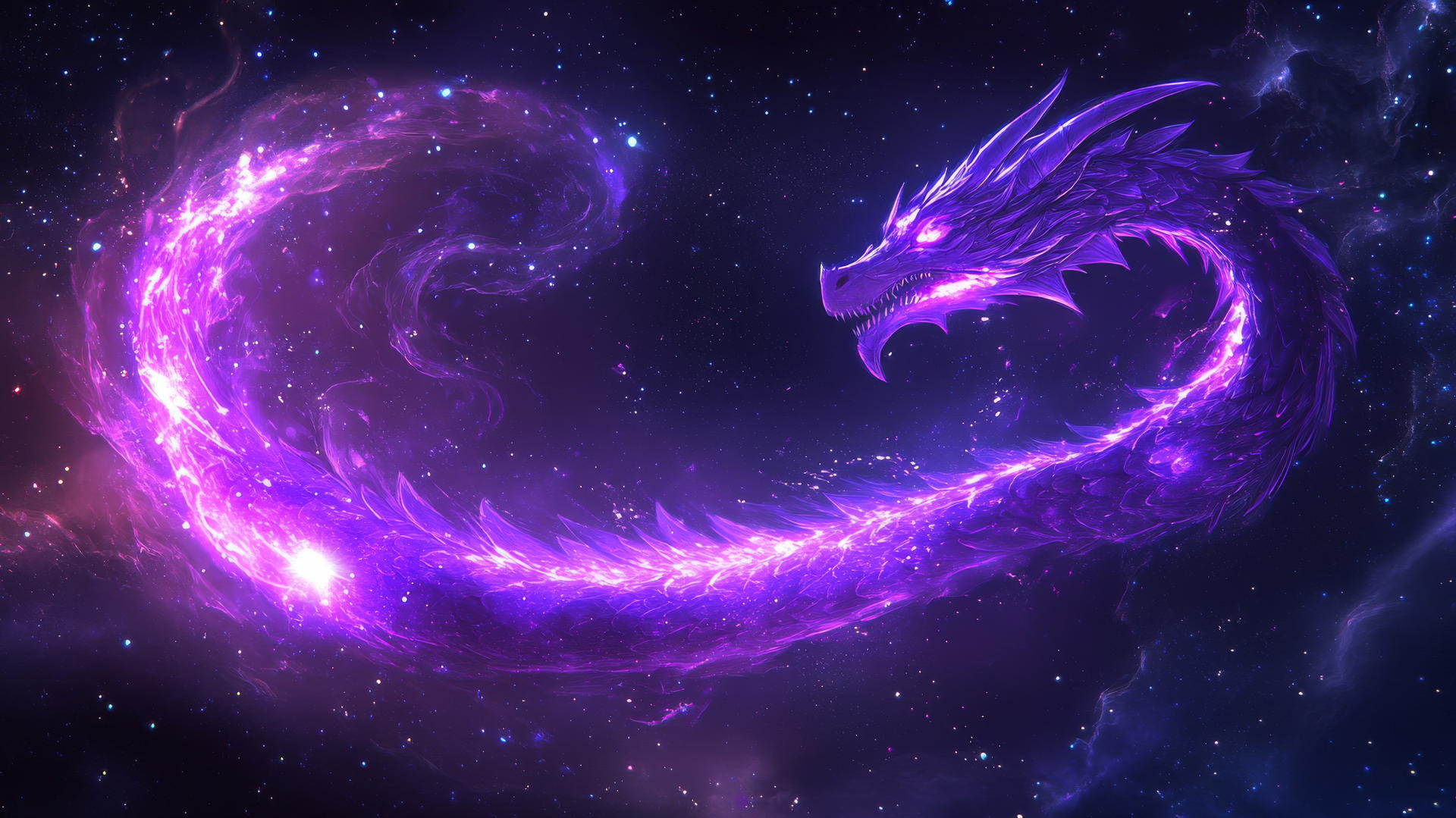 neon purple aesthetic wallpaper with a dragon spiraling in the night sky