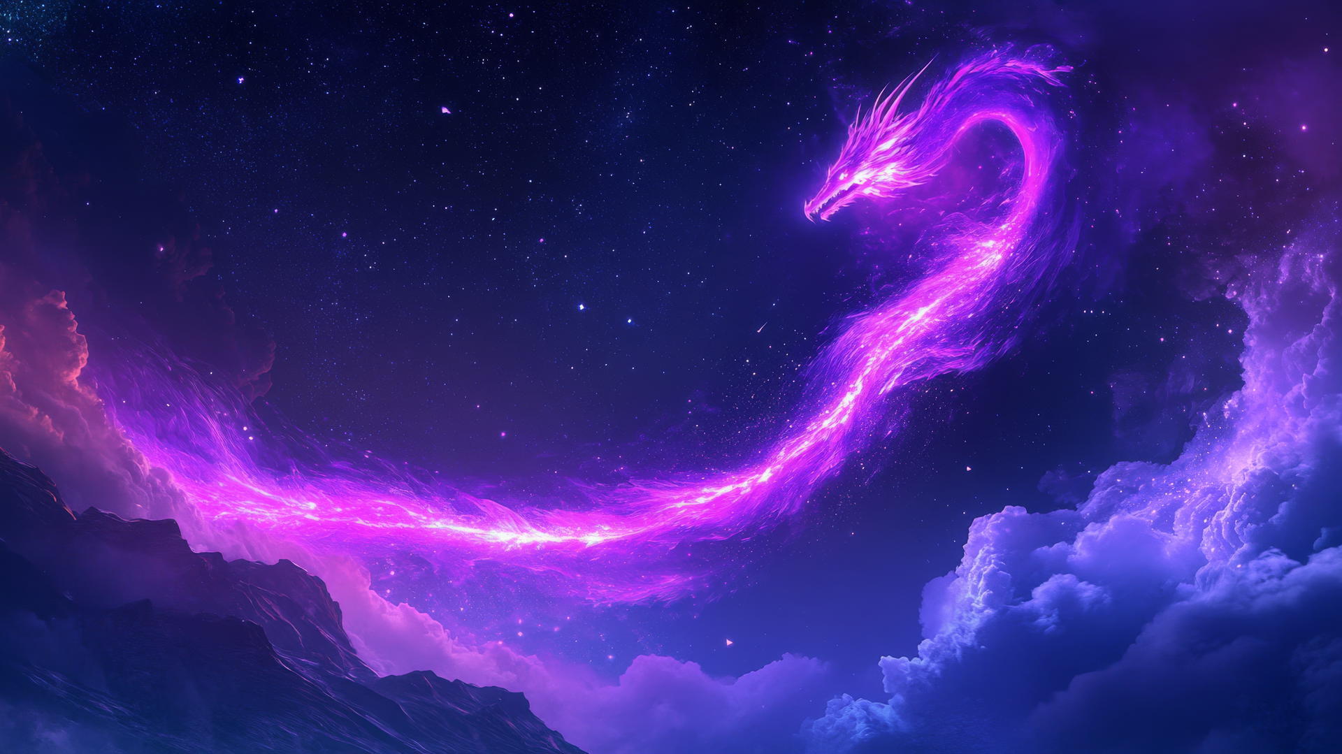 neon purple aesthetic wallpaper of a dragon spiraling through the night sky with a glowing trail and stars