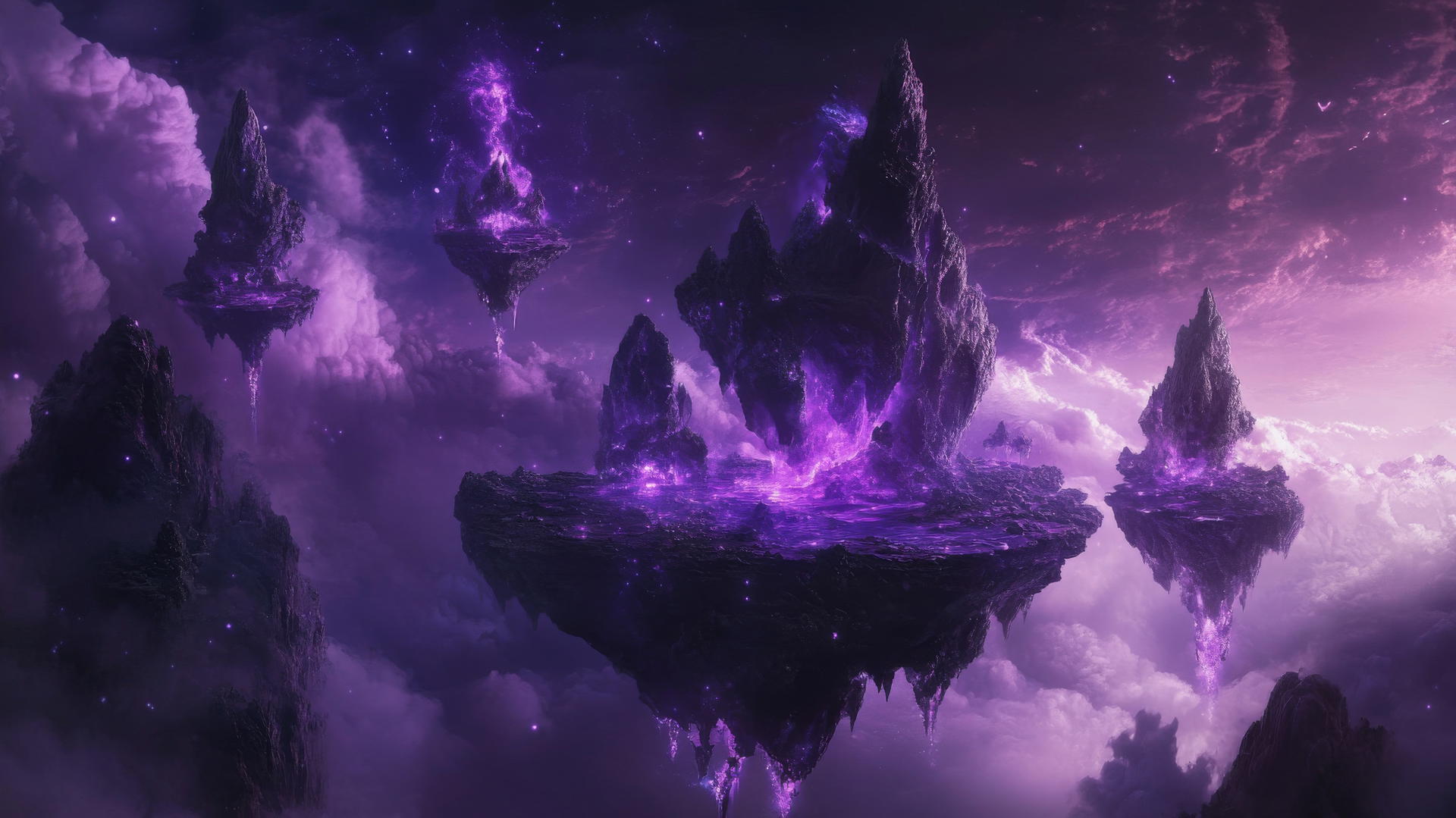 A surreal dark purple wallpaper with floating islands, glowing crystals, and dark purple mist.