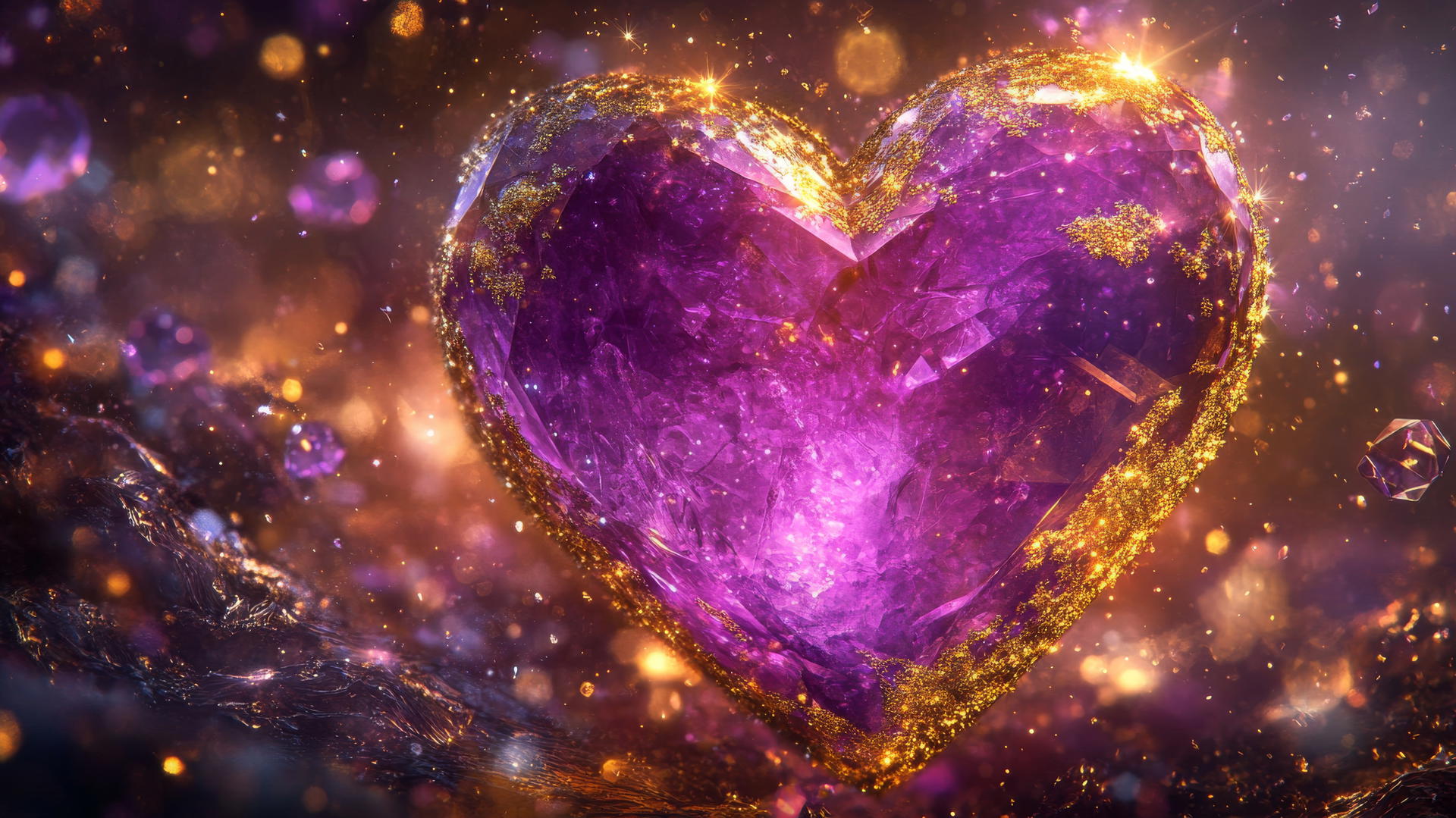 Luxurious purple heart wallpaper with glowing heart, golden sparkles.