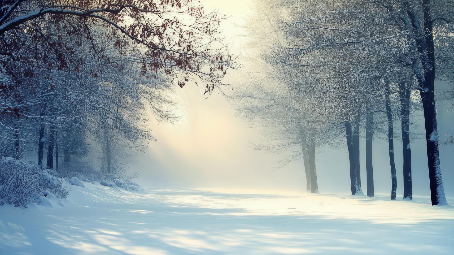 peaceful winter morning with mist over snow-covered forest and soft shadows
