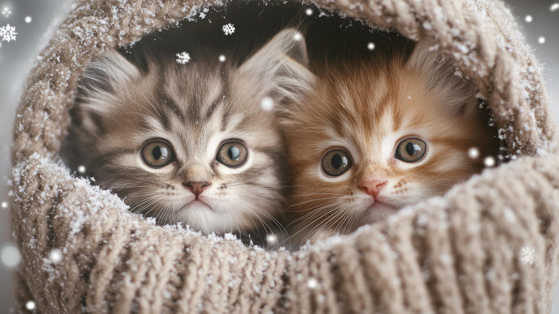 Cute winter wallpaper with fluffy kittens in a mitten and falling snowflakes