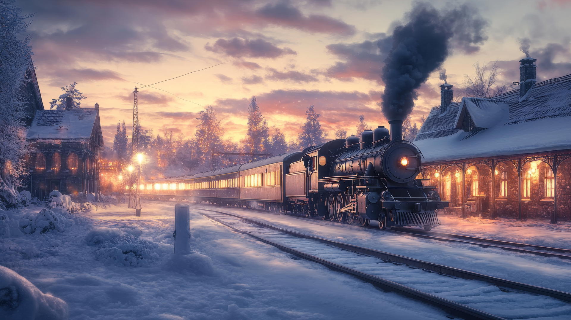 winter background wallpaper of a snow-covered train station at dusk with a vintage steam train