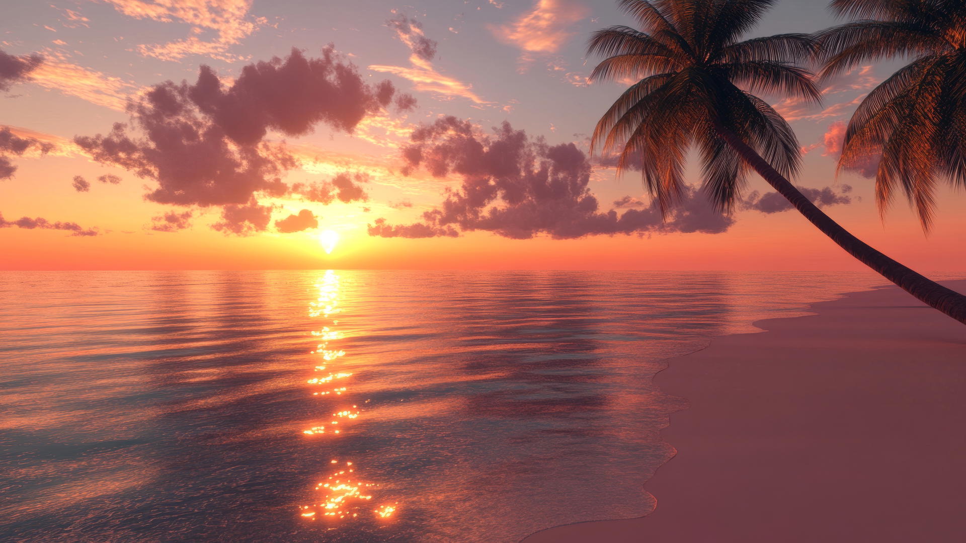 beach wallpaper with a serene tropical beach at sunset, golden rays reflecting off the calm ocean, palm trees swaying