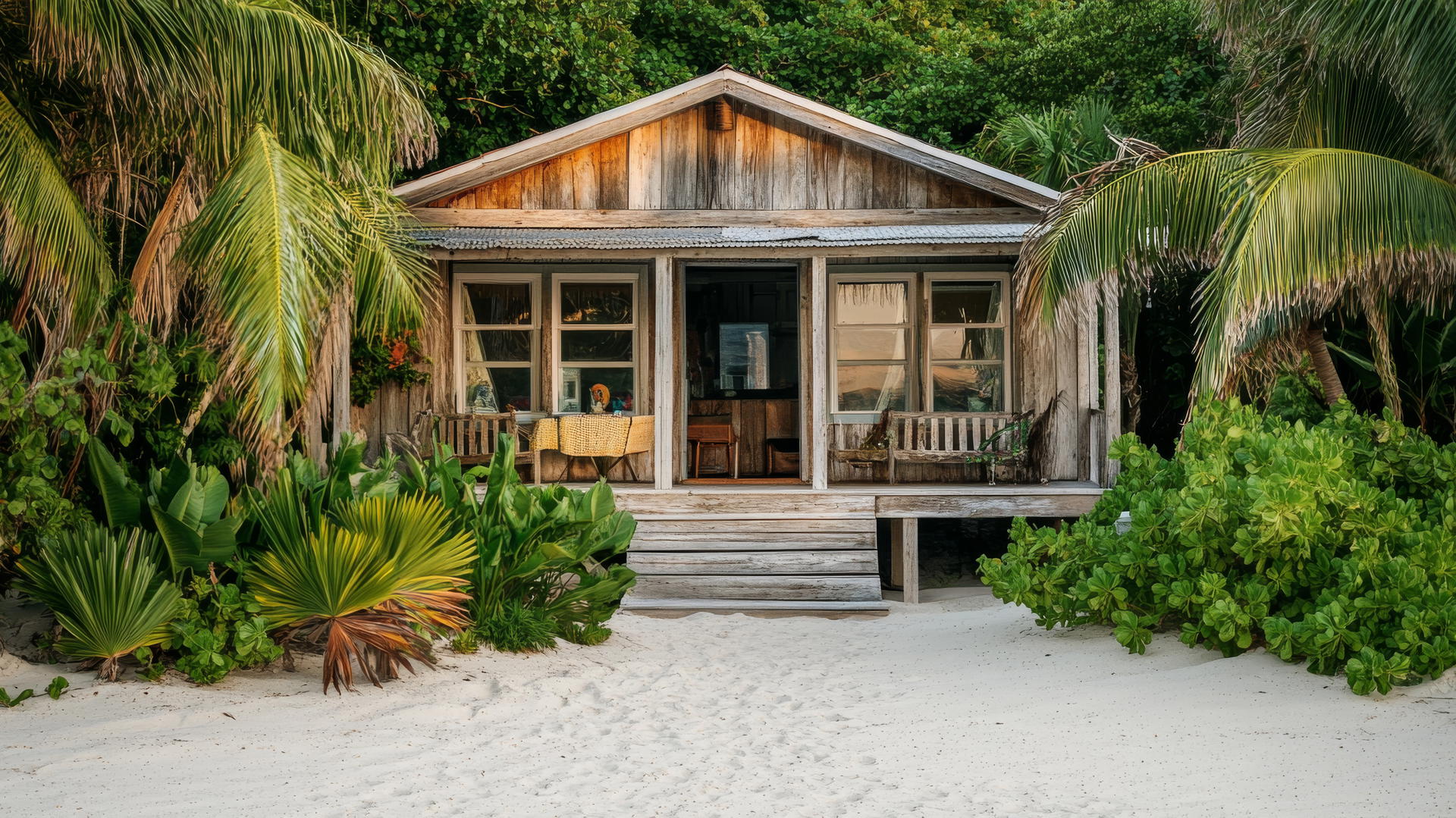 rustic beach house with tropical plants, soft sand leading to beach house wallpaper