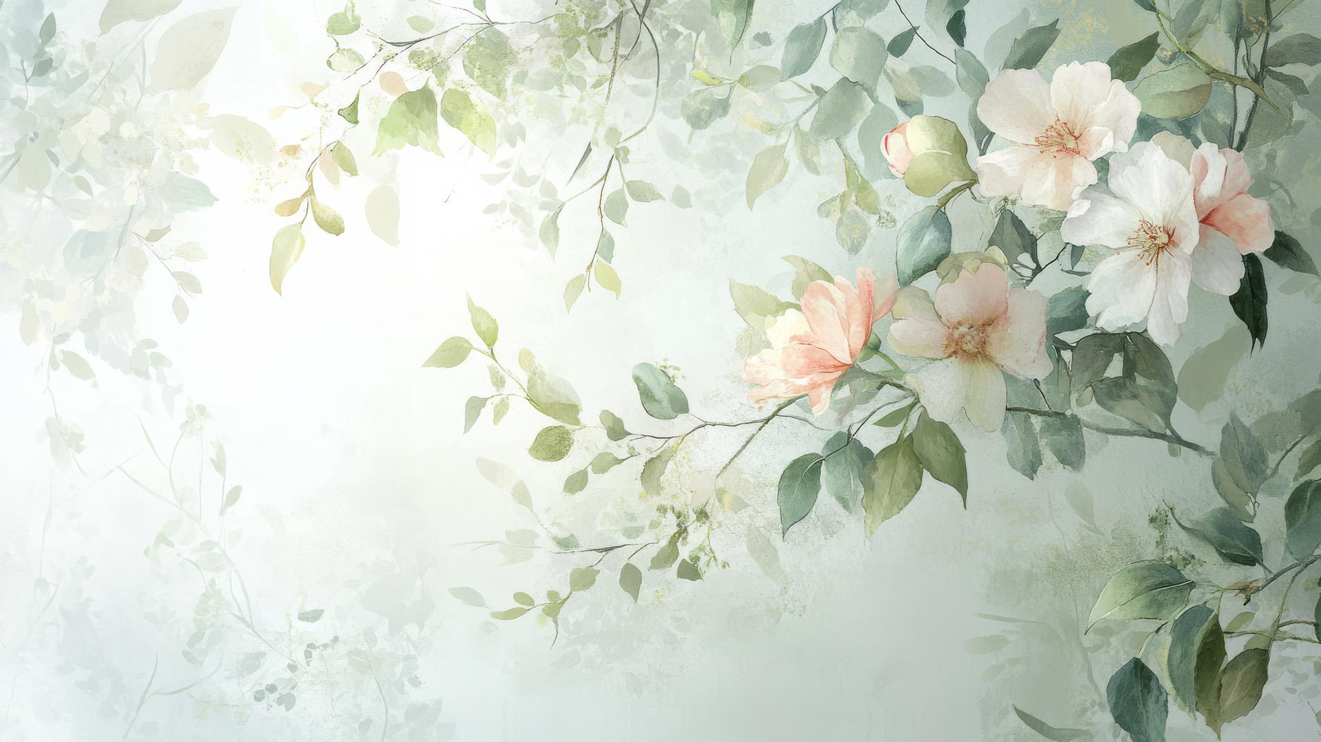 soft watercolor spring wallpaper with floral arrangements and leafy vines