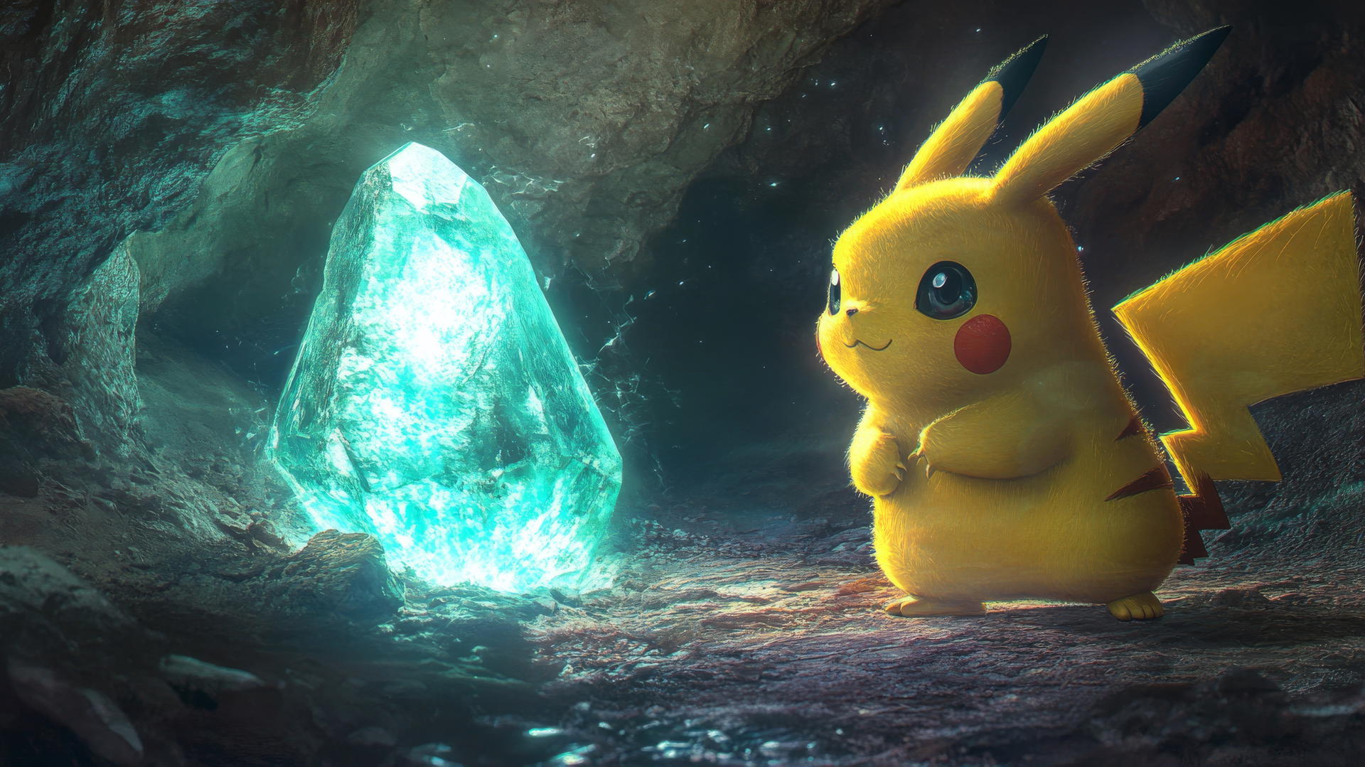 Pikachu gazing at a massive, glowing crystal in an ancient cave